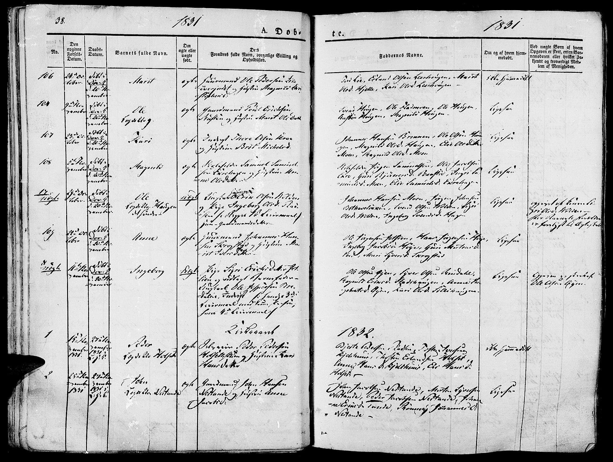 Lesja prestekontor, SAH/PREST-068/H/Ha/Haa/L0005: Parish register (official) no. 5, 1830-1842, p. 38