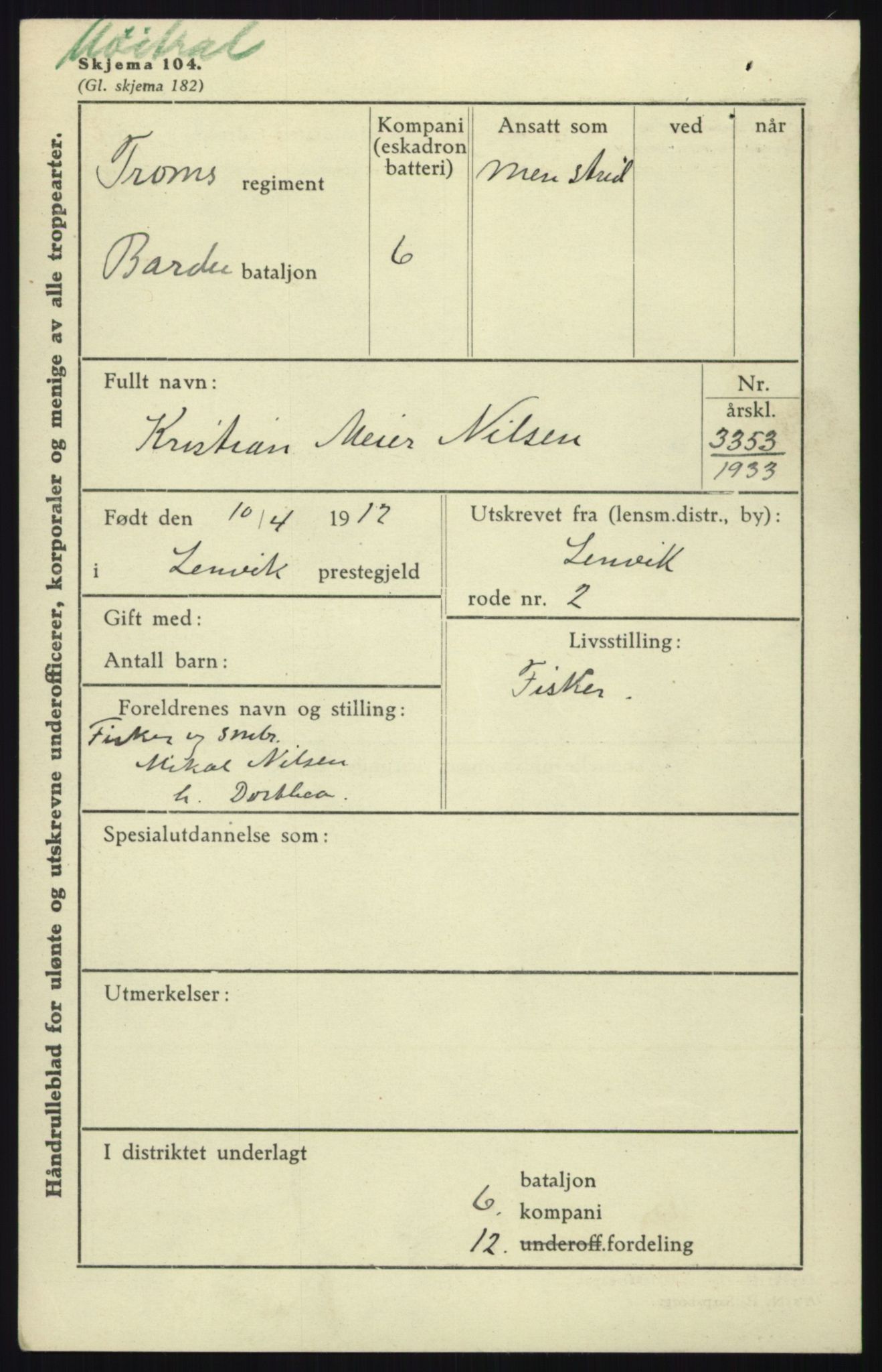 Forsvaret, Troms infanteriregiment nr. 16, AV/RA-RAFA-3146/P/Pa/L0017: Rulleblad for regimentets menige mannskaper, årsklasse 1933, 1933, p. 889