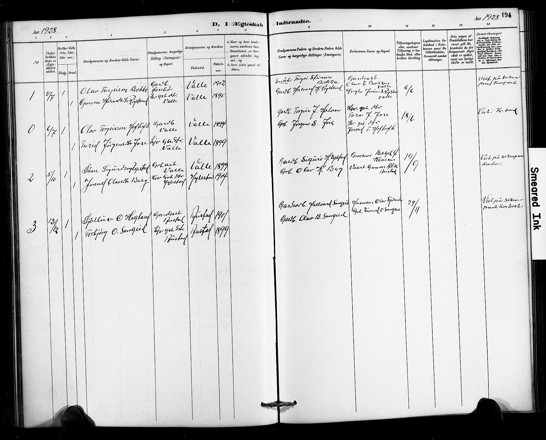 Valle sokneprestkontor, AV/SAK-1111-0044/F/Fb/Fbc/L0004: Parish register (copy) no. B 4, 1890-1928, p. 194