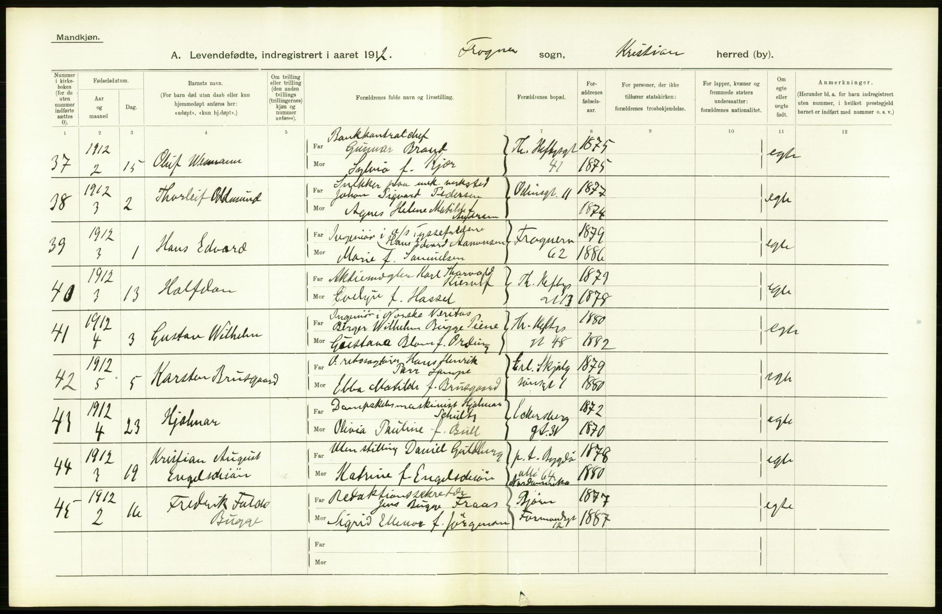 Statistisk sentralbyrå, Sosiodemografiske emner, Befolkning, RA/S-2228/D/Df/Dfb/Dfbb/L0007: Kristiania:  Levendefødte menn og kvinner., 1912, p. 450