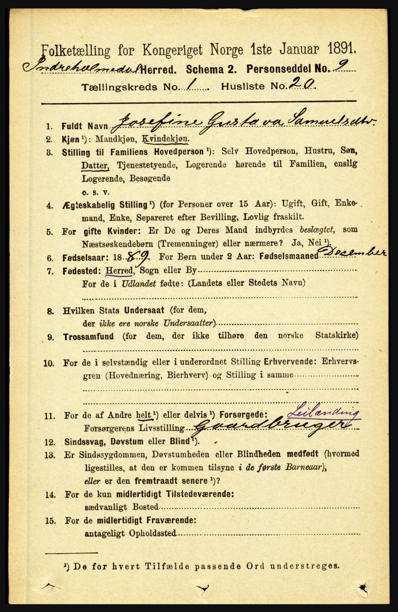 RA, 1891 census for 1430 Indre Holmedal, 1891, p. 215