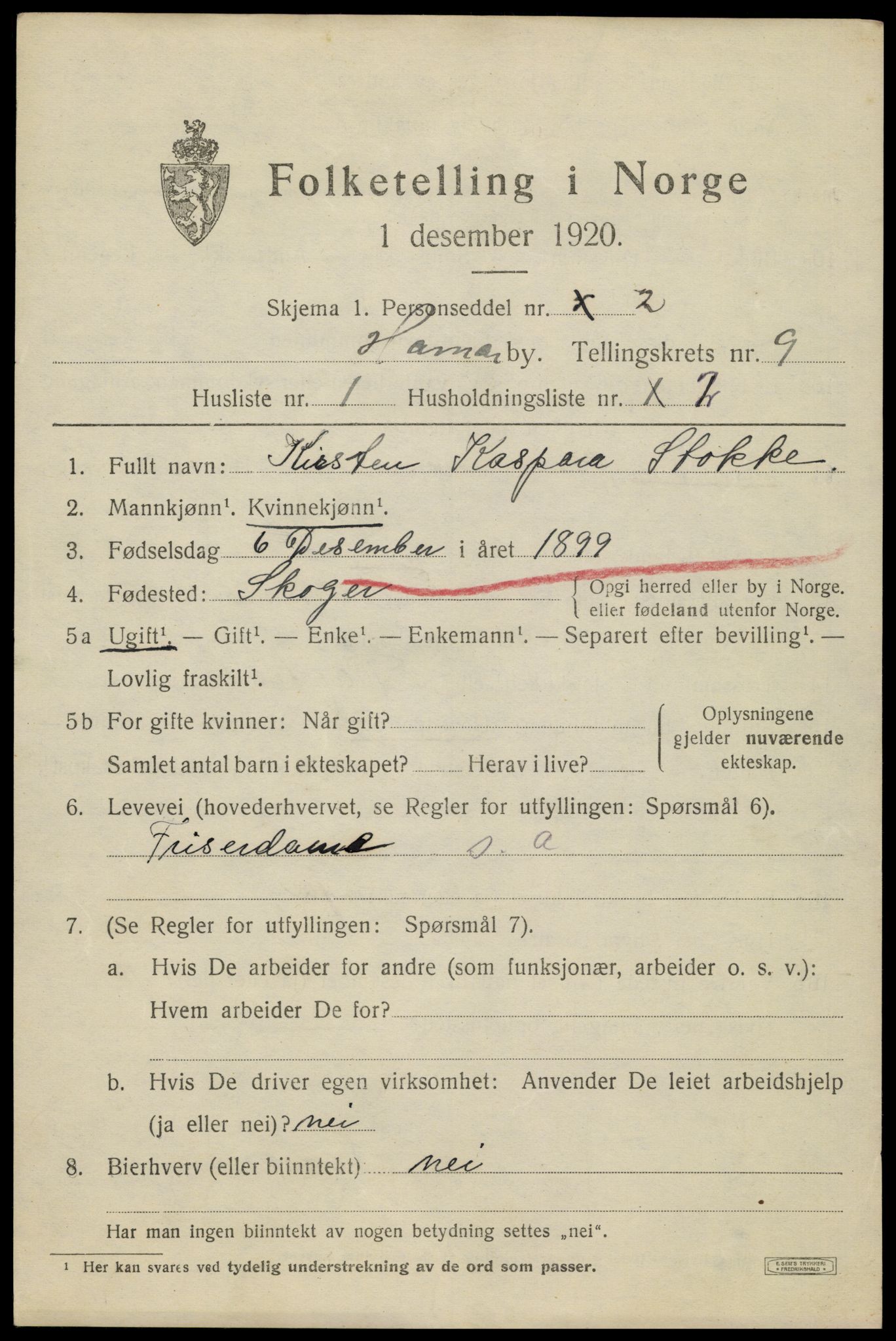 SAH, 1920 census for Hamar, 1920, p. 16097