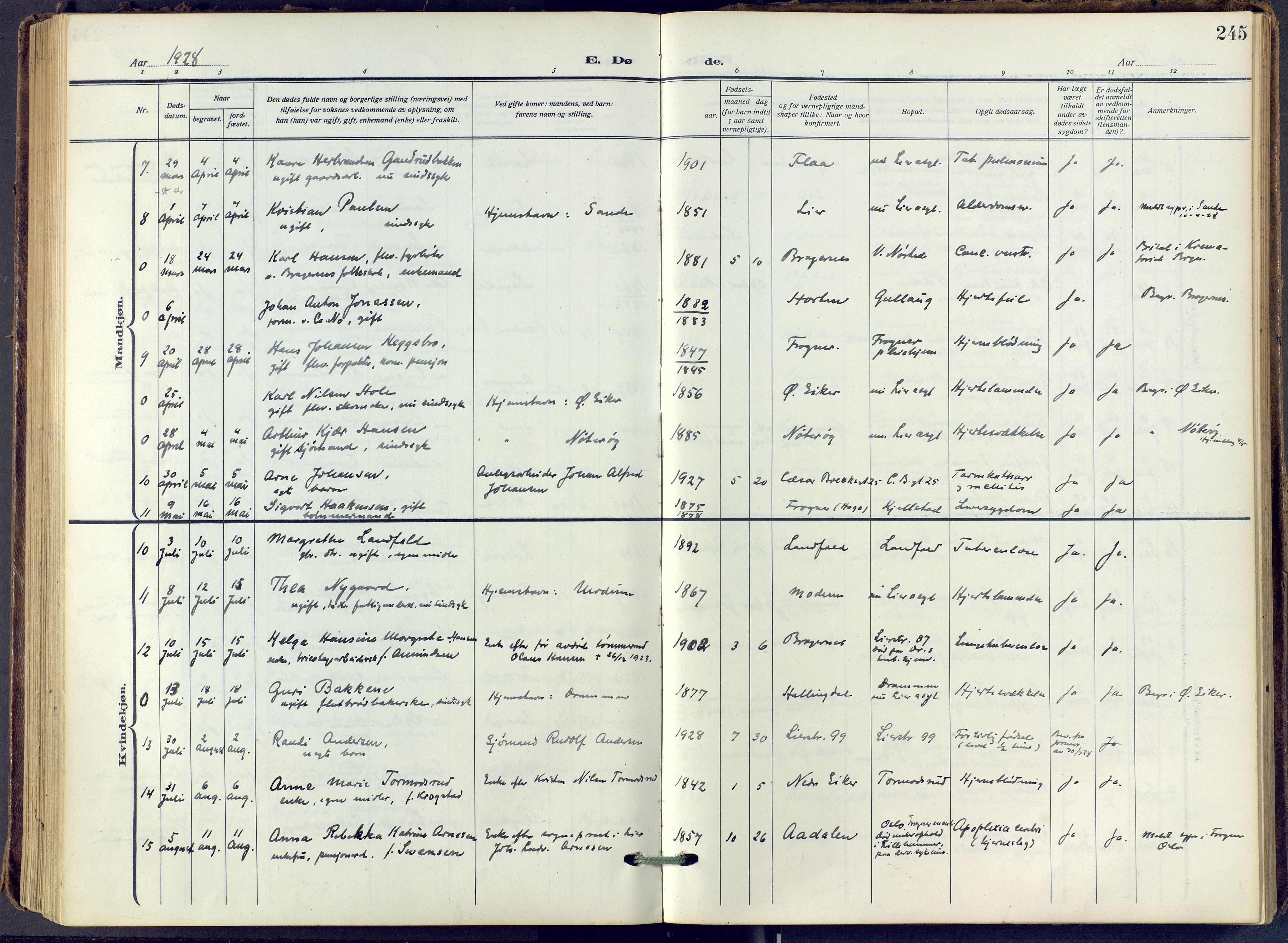 Lier kirkebøker, AV/SAKO-A-230/F/Fa/L0019: Parish register (official) no. I 19, 1918-1928, p. 245