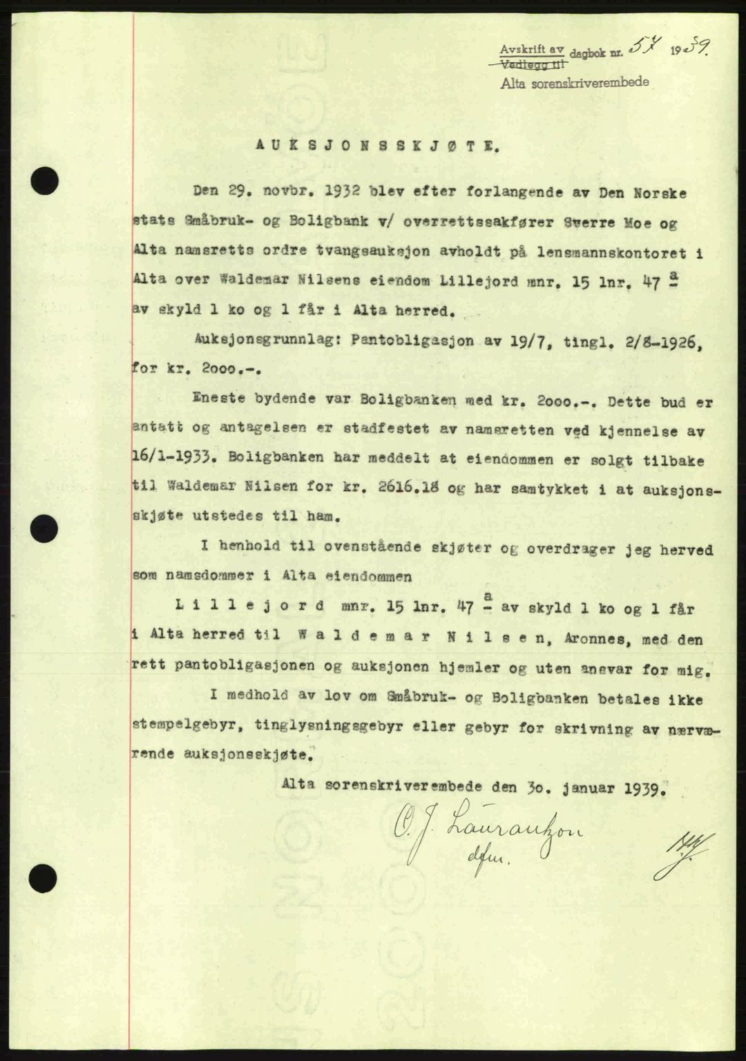 Alta fogderi/sorenskriveri, SATØ/SATØ-5/1/K/Kd/L0031pantebok: Mortgage book no. 31, 1938-1939, Diary no: : 57/1939