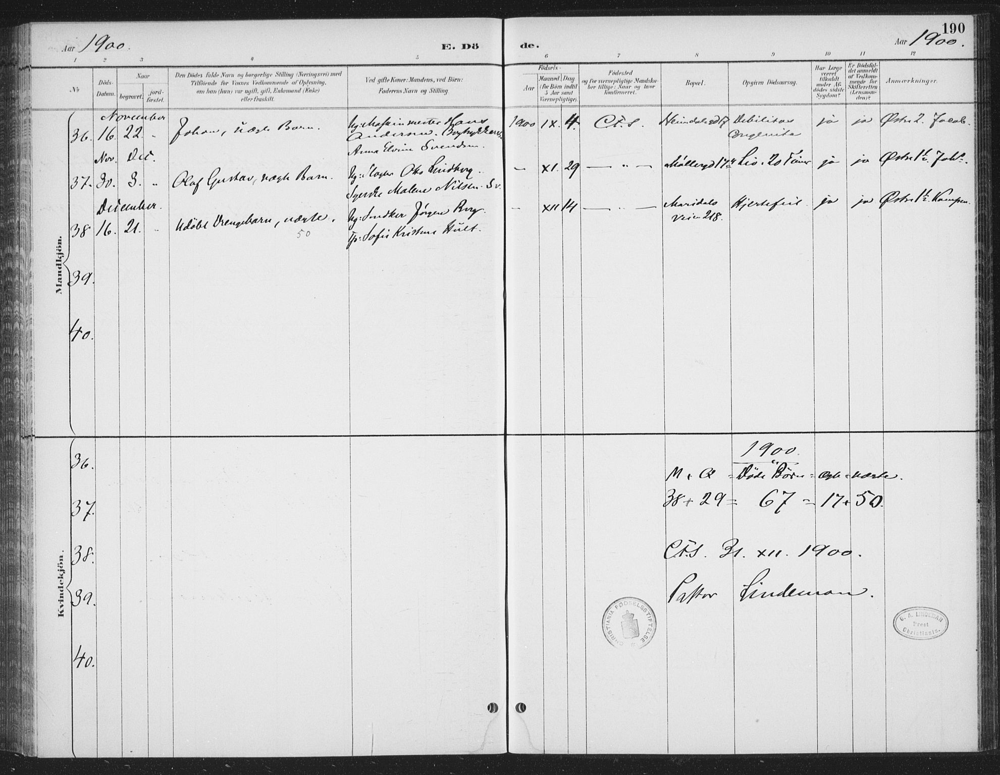 Rikshospitalet prestekontor Kirkebøker, SAO/A-10309b/F/L0010: Parish register (official) no. 10, 1888-1912, p. 190