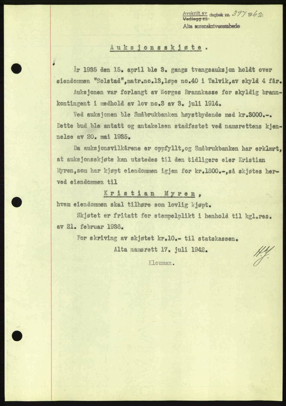 Alta fogderi/sorenskriveri, SATØ/SATØ-5/1/K/Kd/L0033pantebok: Mortgage book no. 33, 1940-1943, Diary no: : 397/1942