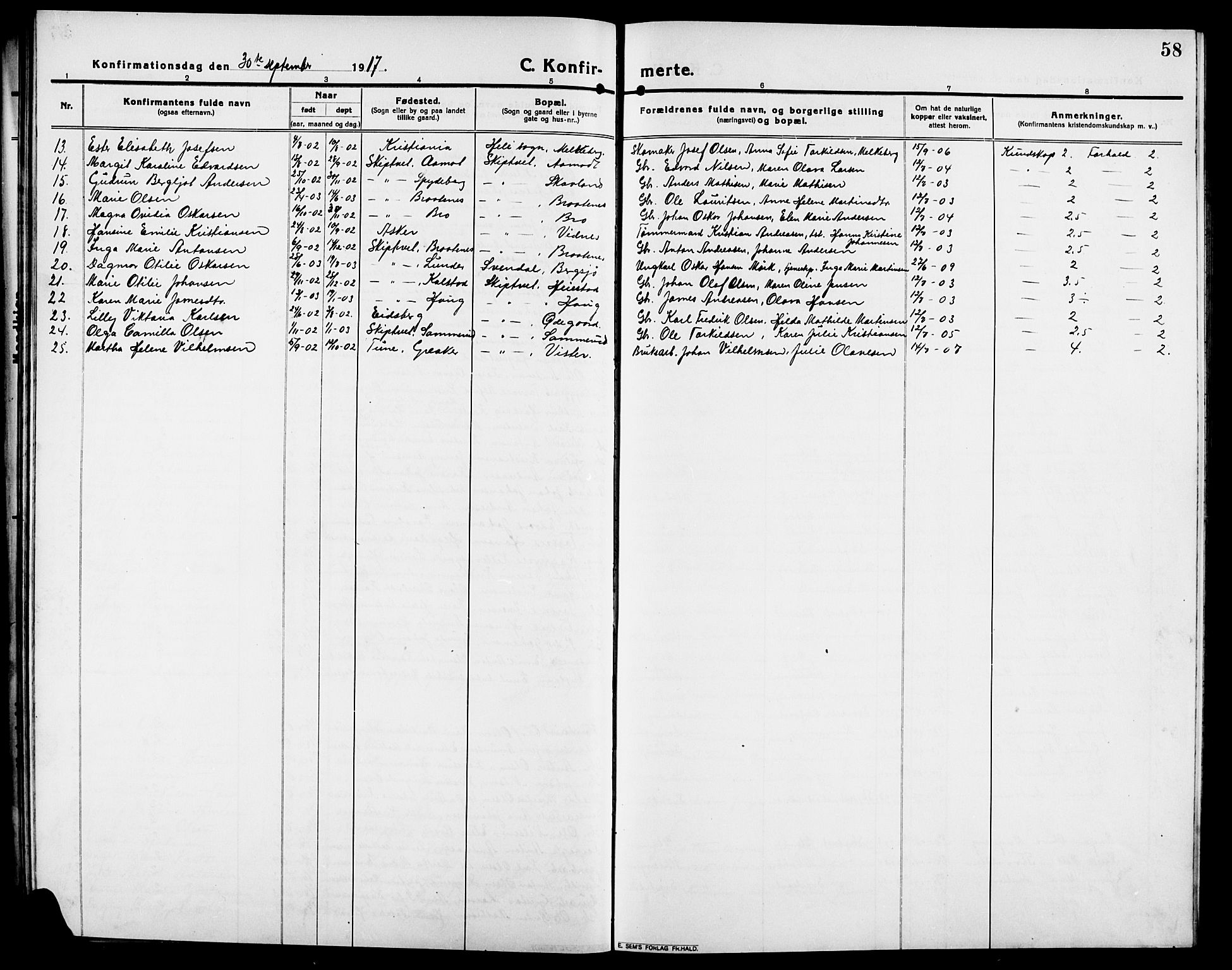 Skiptvet prestekontor Kirkebøker, AV/SAO-A-20009/G/Ga/L0003: Parish register (copy) no. 3, 1916-1924, p. 58