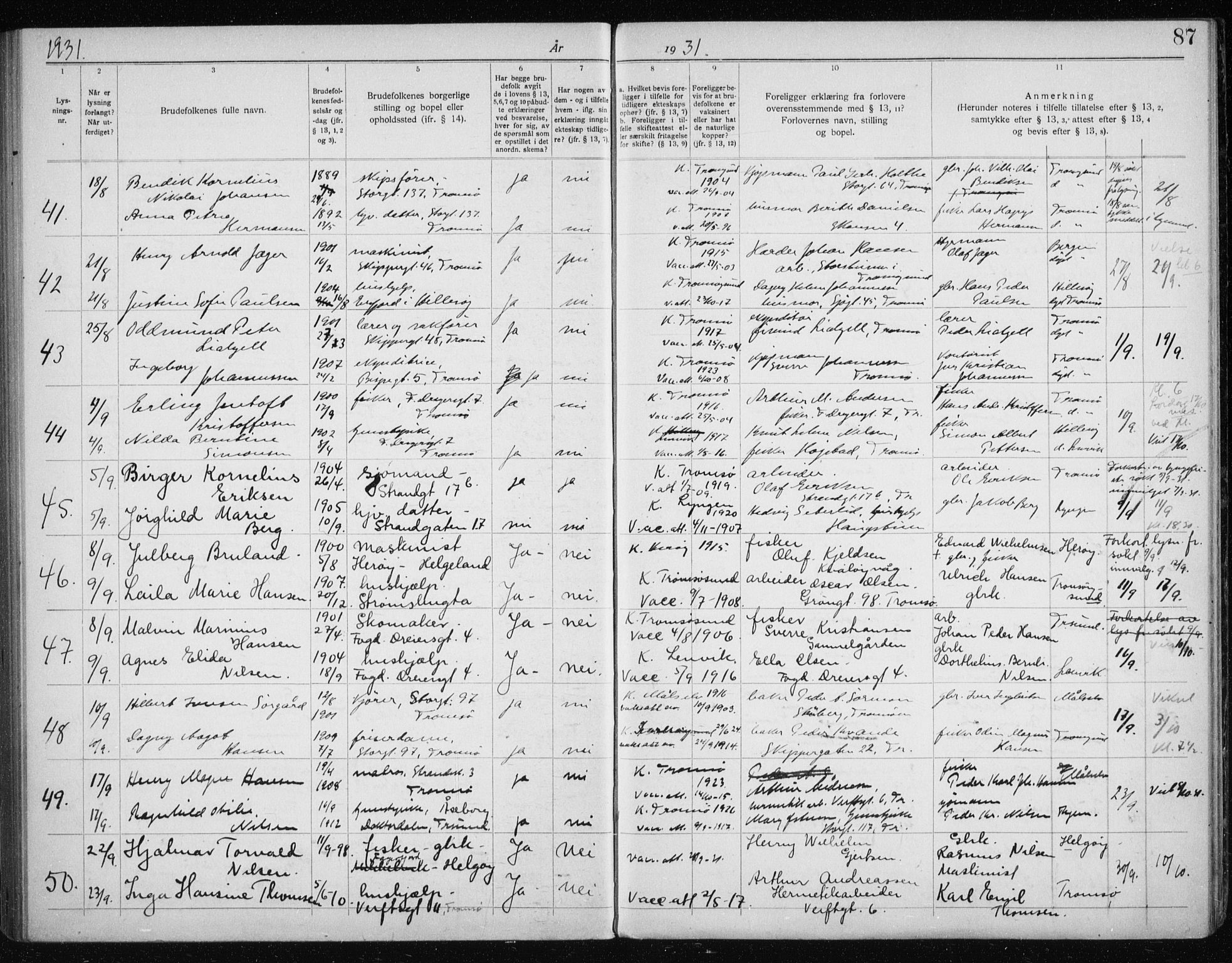 Tromsø sokneprestkontor/stiftsprosti/domprosti, AV/SATØ-S-1343/H/Hc/L0100: Banns register no. 100, 1919-1933, p. 87