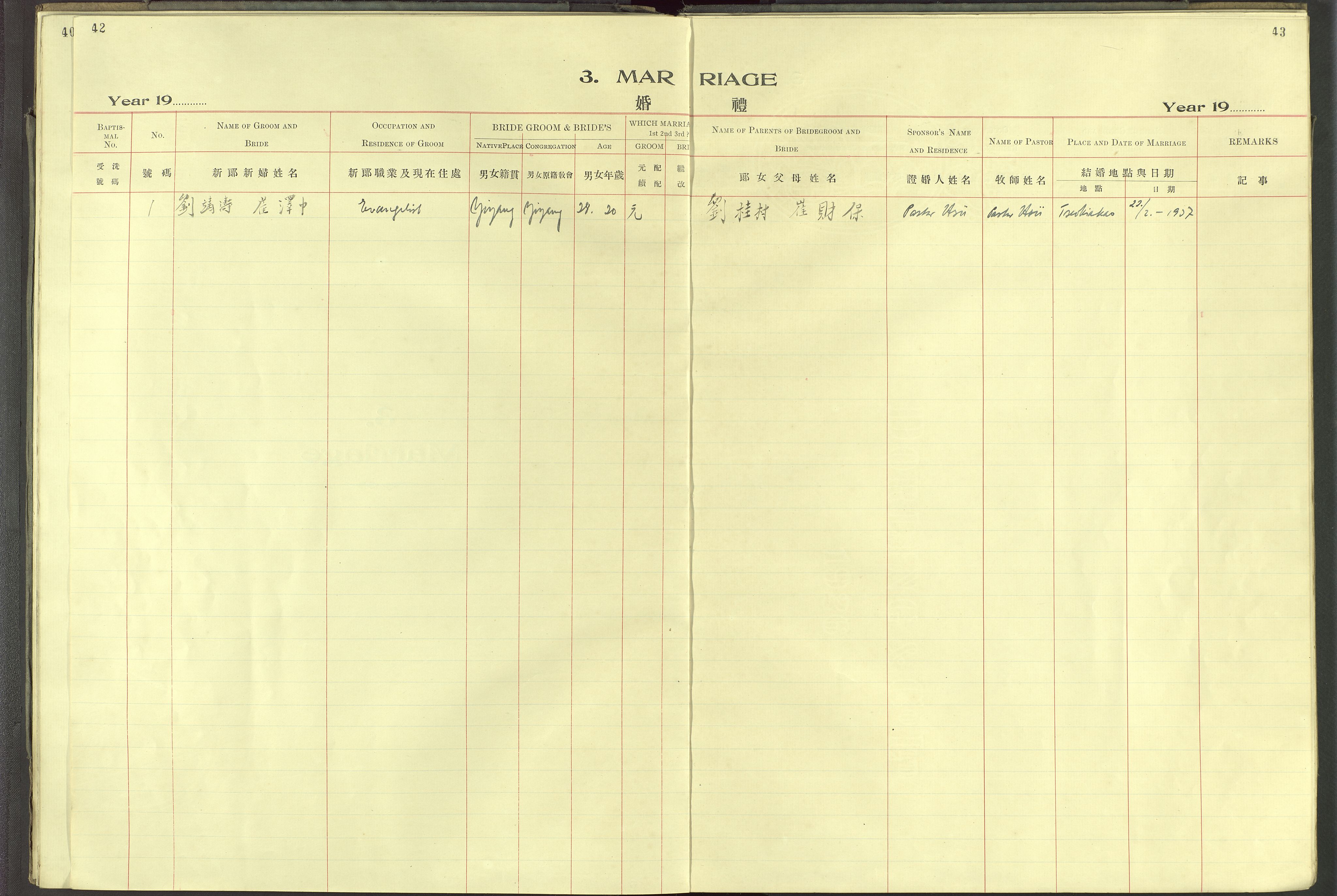 Det Norske Misjonsselskap - utland - Kina (Hunan), VID/MA-A-1065/Dm/L0093: Parish register (official) no. 131, 1909-1945, p. 42-43