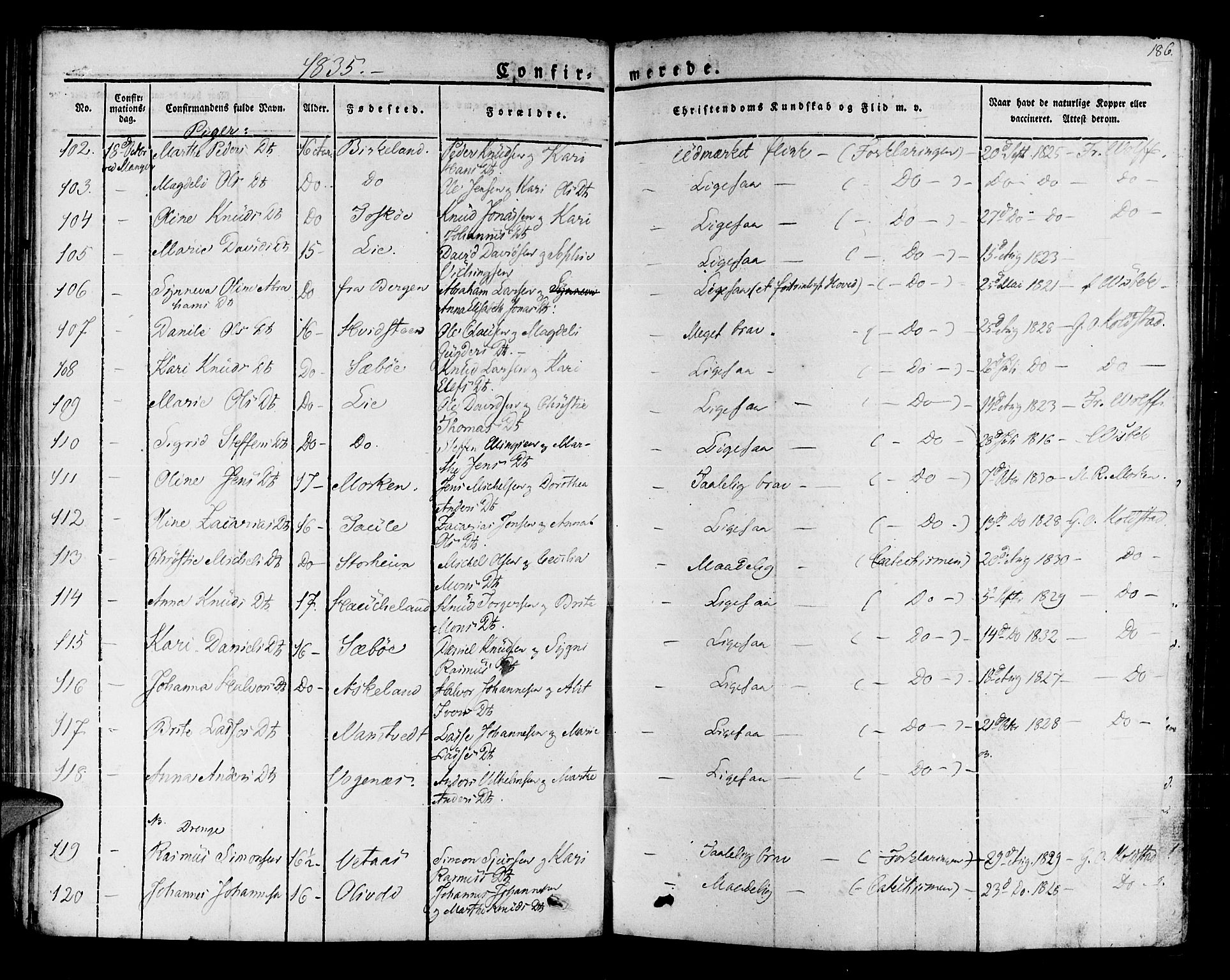Manger sokneprestembete, SAB/A-76801/H/Haa: Parish register (official) no. A 4, 1824-1838, p. 186