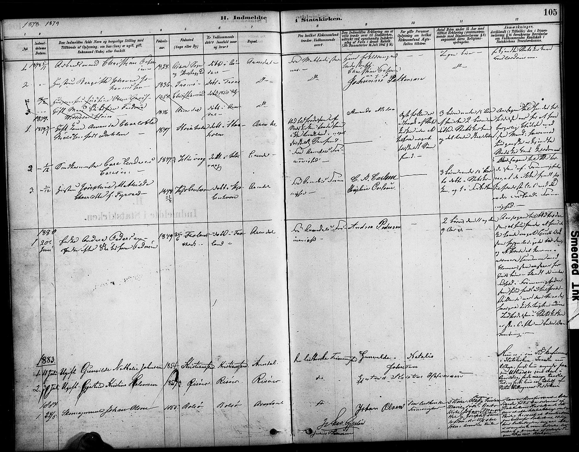 Arendal sokneprestkontor, Trefoldighet, SAK/1111-0040/F/Fa/L0009: Parish register (official) no. A 9, 1878-1919, p. 105