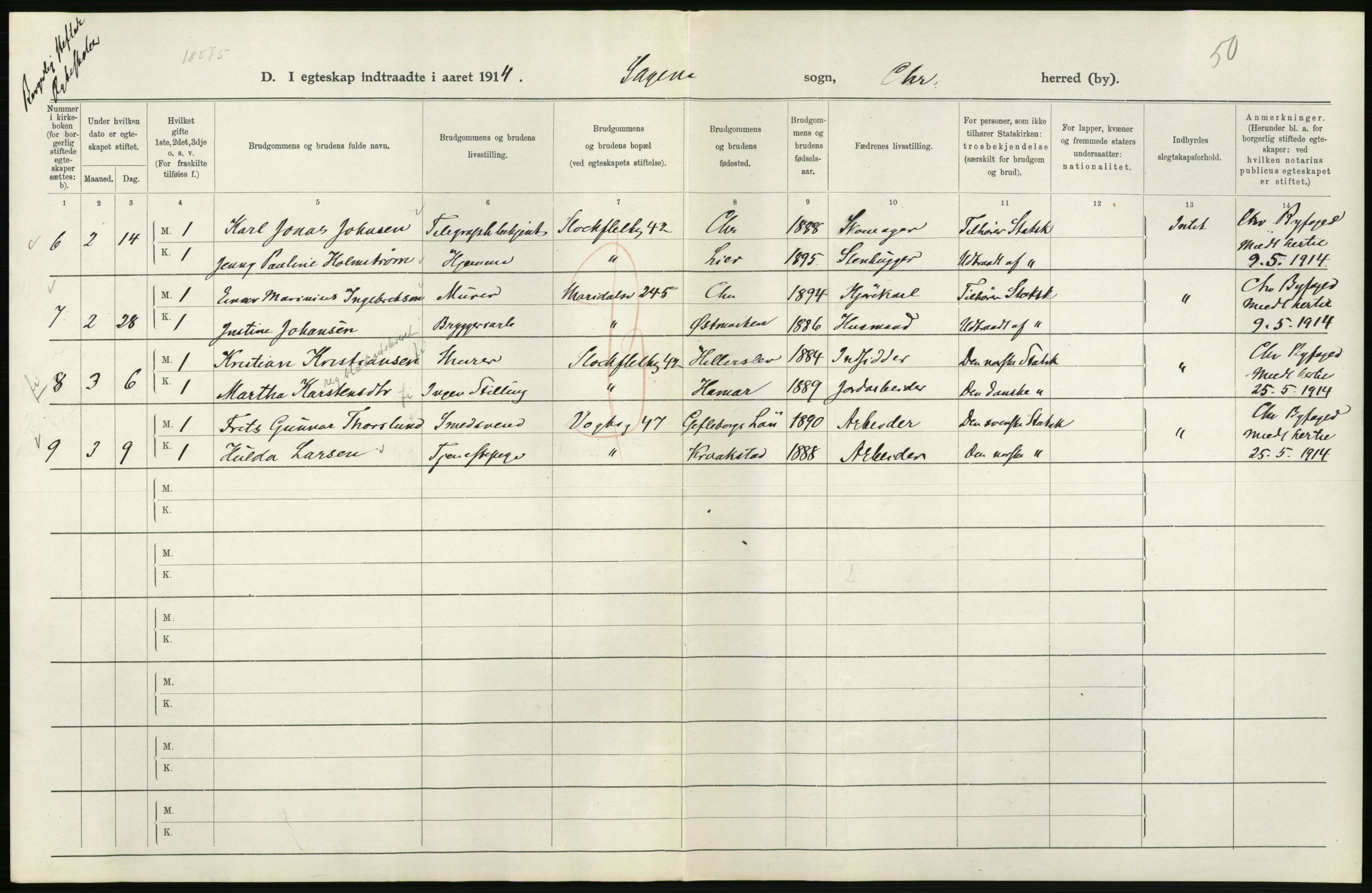 Statistisk sentralbyrå, Sosiodemografiske emner, Befolkning, AV/RA-S-2228/D/Df/Dfb/Dfbd/L0007: Kristiania: Gifte, 1914, p. 176
