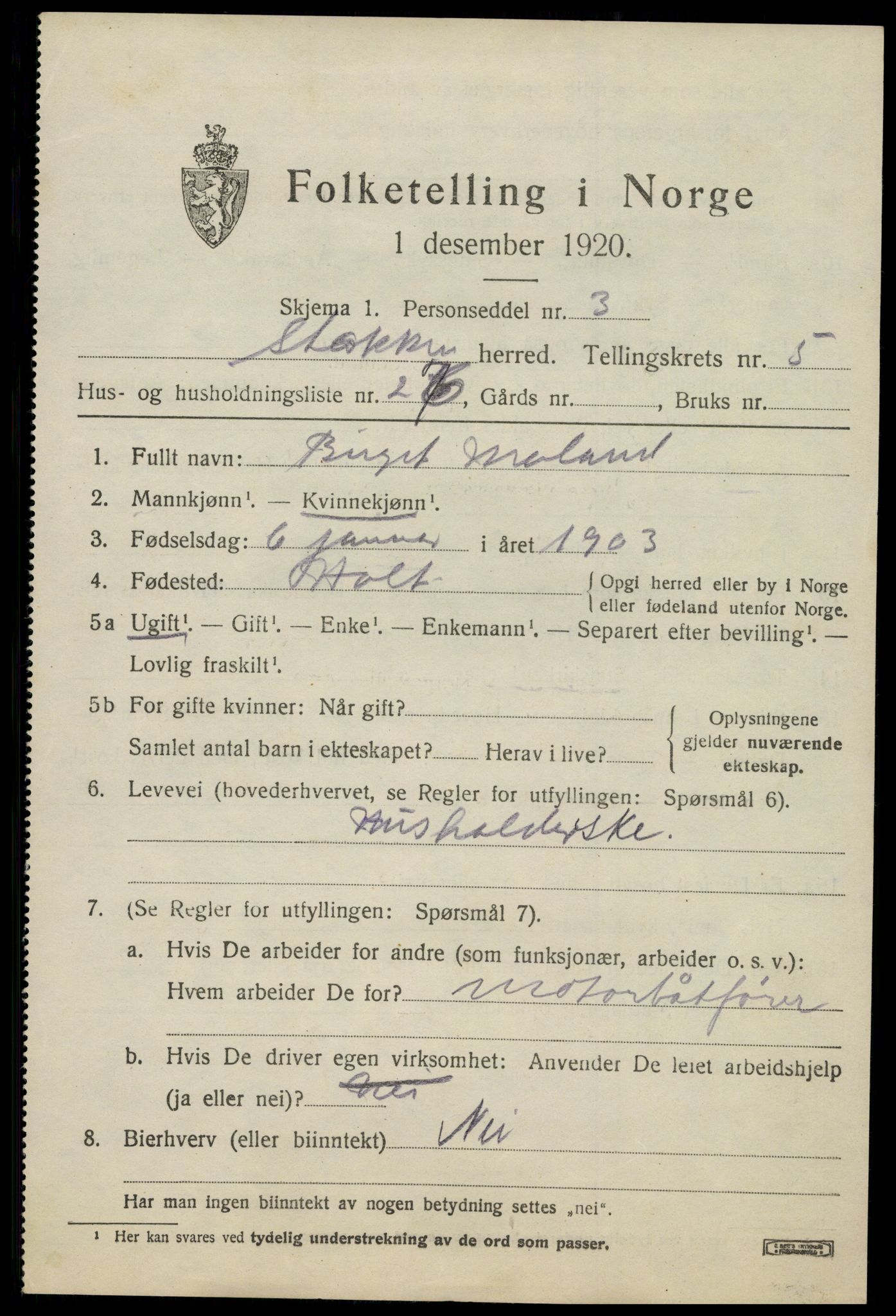 SAK, 1920 census for Stokken, 1920, p. 3710