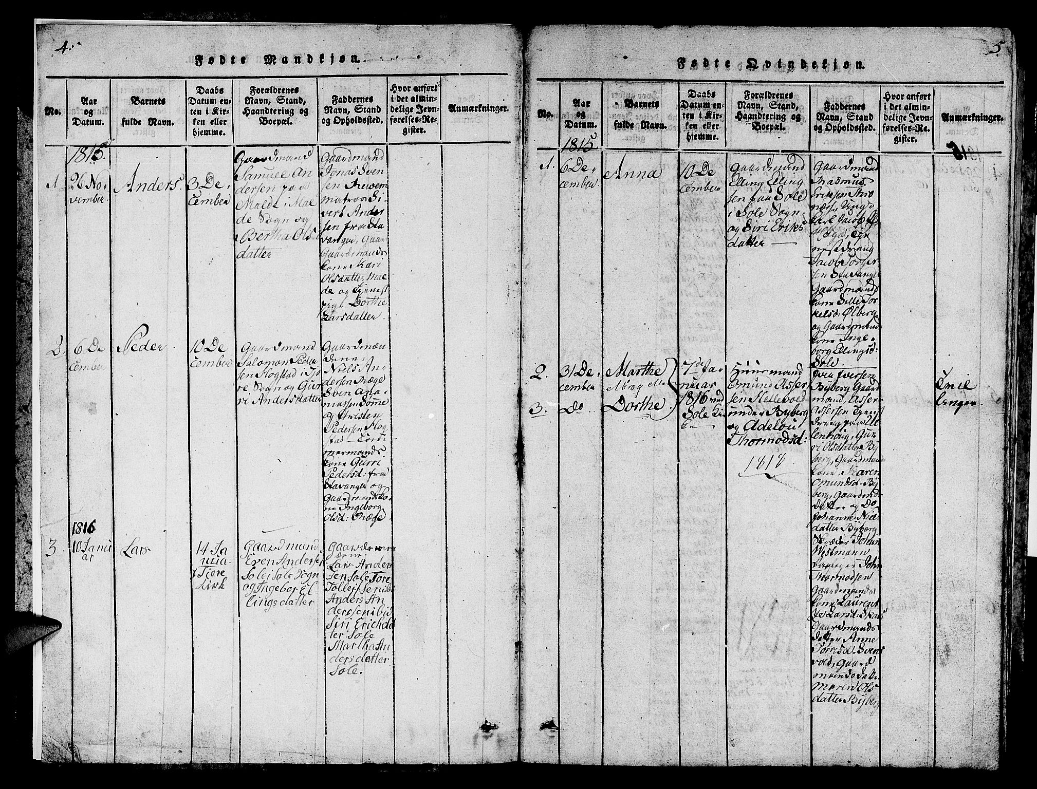 Håland sokneprestkontor, SAST/A-101802/001/30BB/L0001: Parish register (copy) no. B 1, 1815-1845, p. 4-5