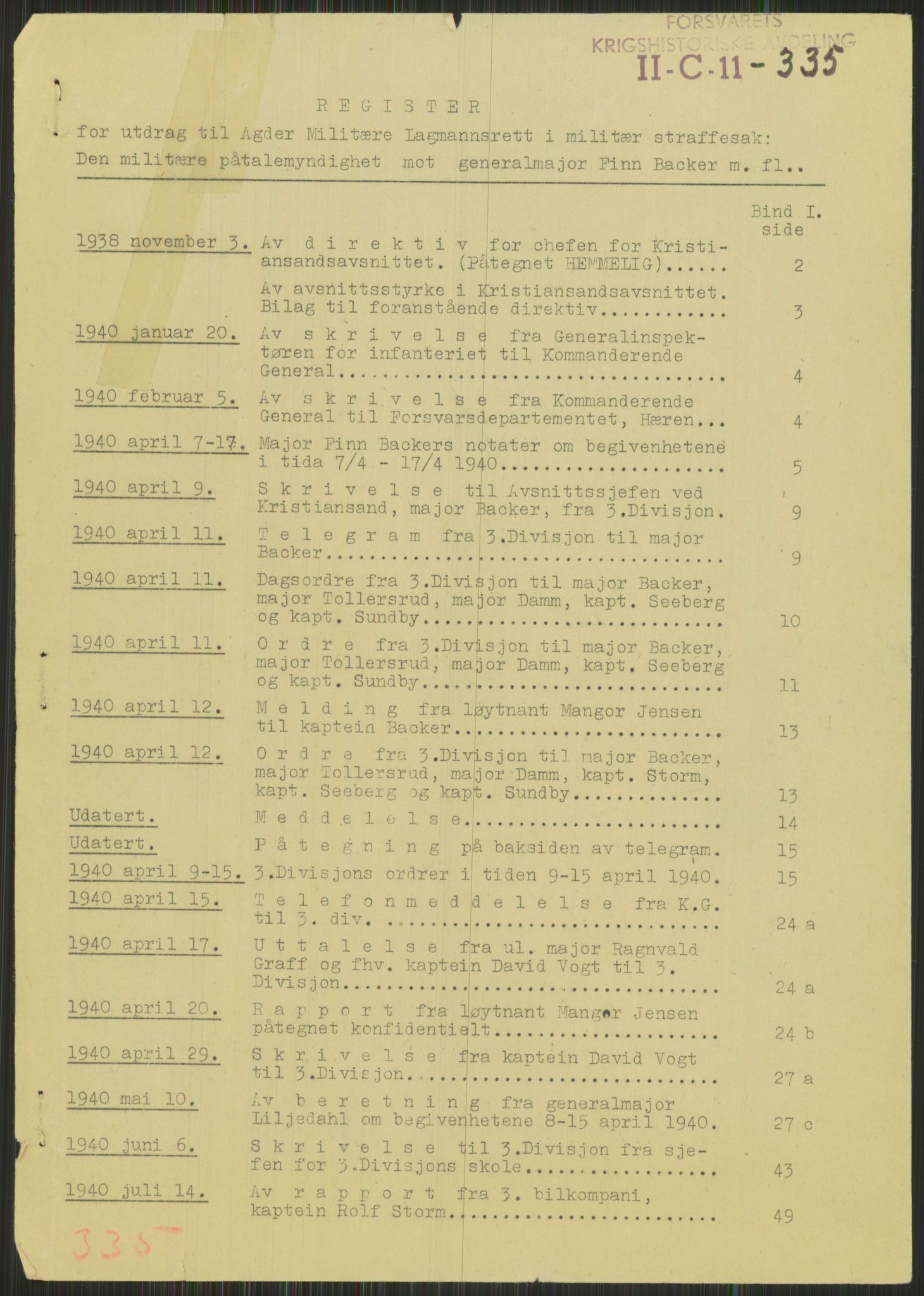 Forsvaret, Forsvarets krigshistoriske avdeling, RA/RAFA-2017/Y/Yb/L0095: II-C-11-335  -  3. Divisjon.  Sak mot general Finn Backer m.fl., 1940-1948, p. 1