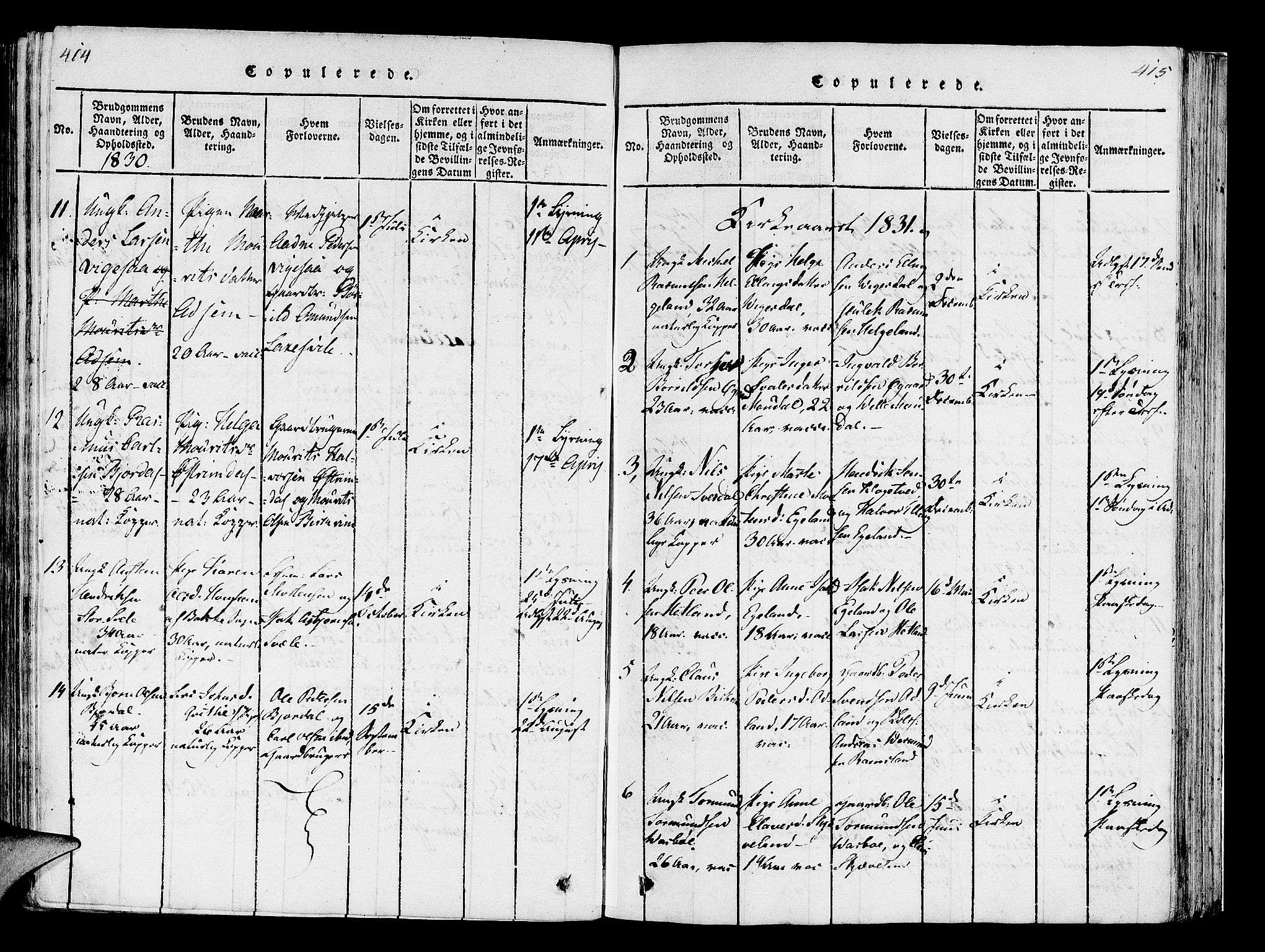 Helleland sokneprestkontor, AV/SAST-A-101810: Parish register (official) no. A 5, 1815-1834, p. 414-415