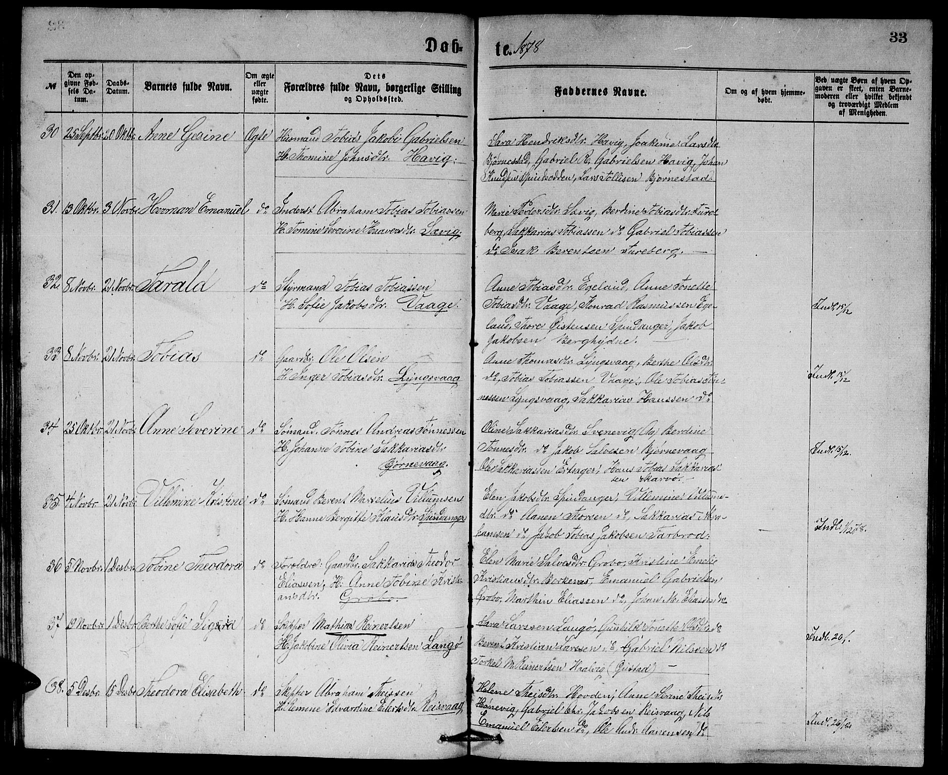 Herad sokneprestkontor, AV/SAK-1111-0018/F/Fb/Fbb/L0003: Parish register (copy) no. B 3, 1872-1889, p. 33