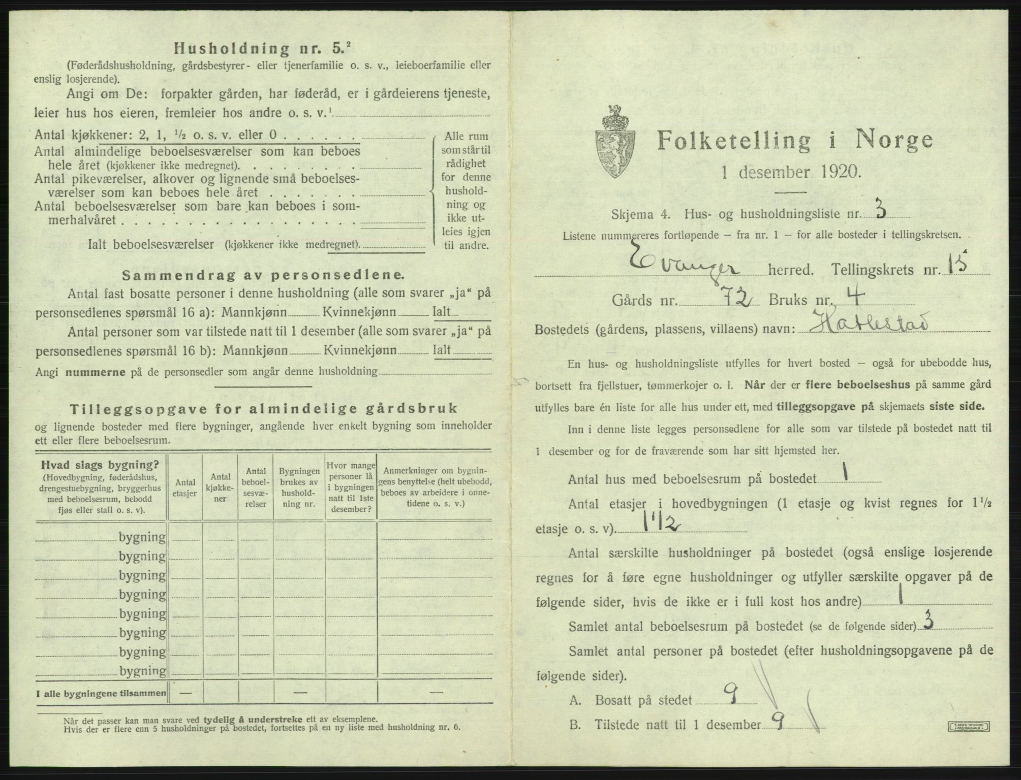 SAB, 1920 census for Evanger, 1920, p. 661