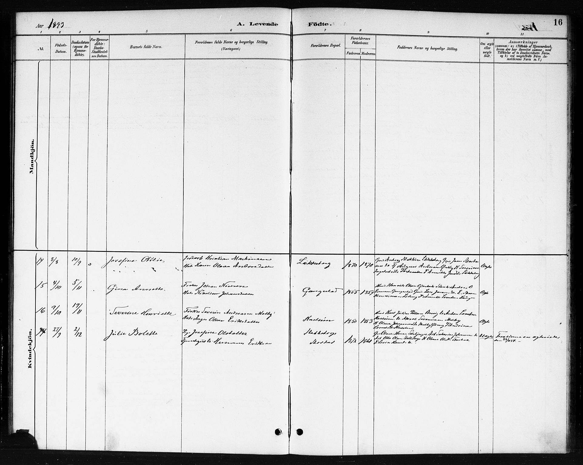 Skjeberg prestekontor Kirkebøker, SAO/A-10923/F/Fb/L0001: Parish register (official) no. II 1, 1886-1894, p. 16
