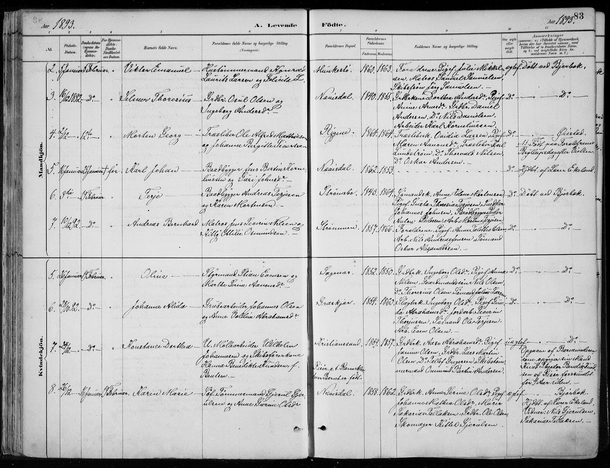 Øyestad sokneprestkontor, AV/SAK-1111-0049/F/Fa/L0017: Parish register (official) no. A 17, 1887-1896, p. 83