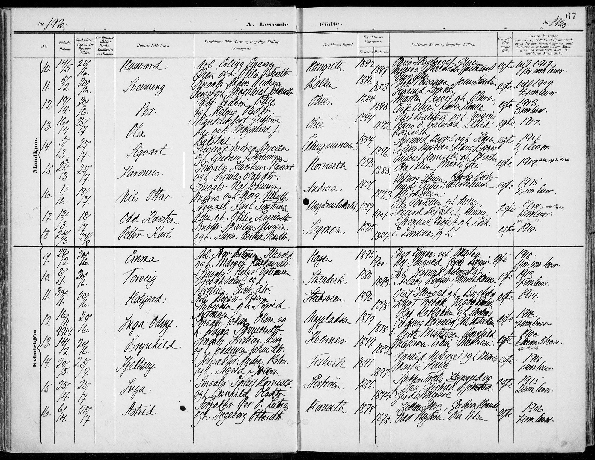 Rendalen prestekontor, SAH/PREST-054/H/Ha/Haa/L0011: Parish register (official) no. 11, 1901-1925, p. 67
