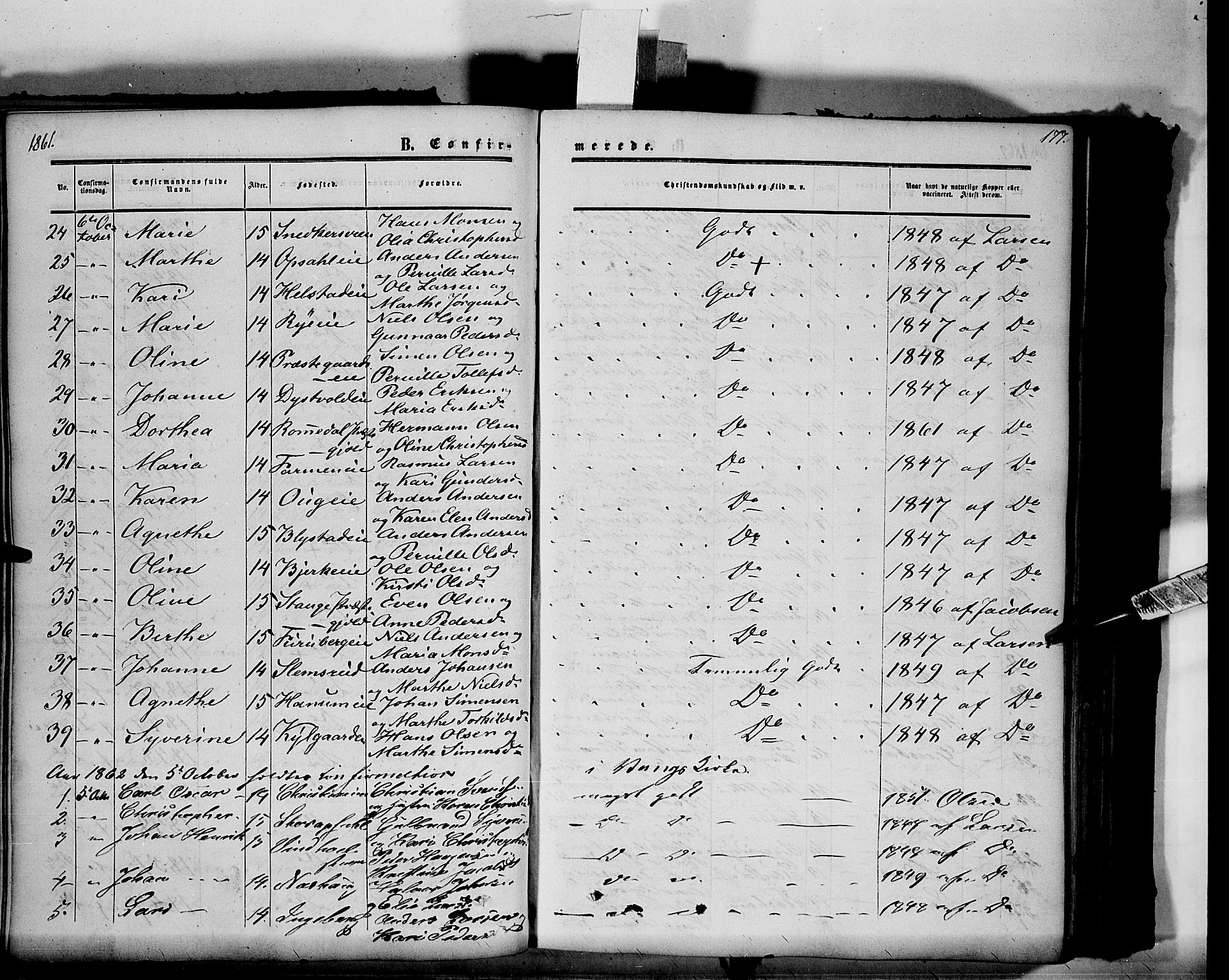 Vang prestekontor, Hedmark, SAH/PREST-008/H/Ha/Haa/L0012: Parish register (official) no. 12, 1855-1870, p. 177