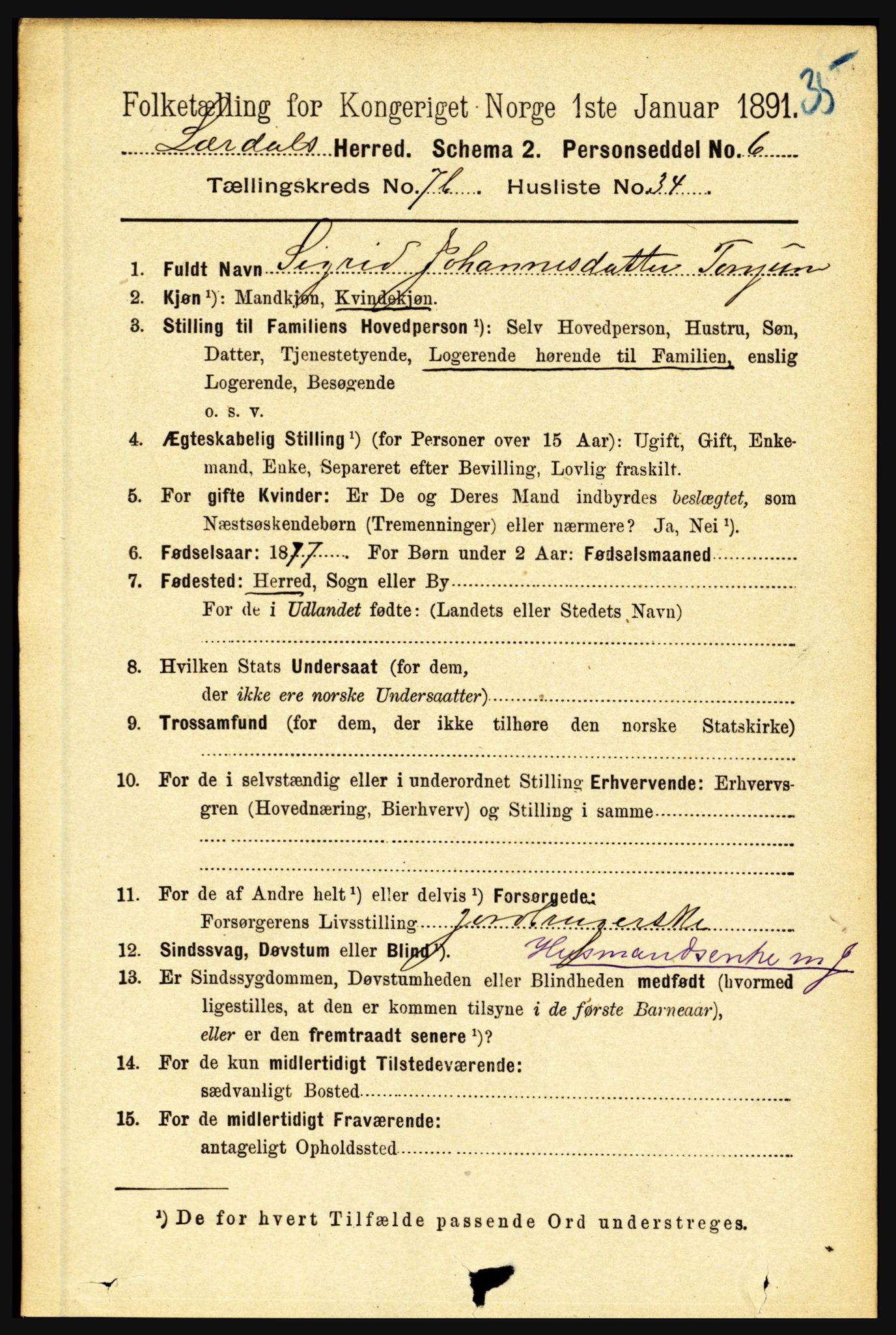 RA, 1891 census for 1422 Lærdal, 1891, p. 1328