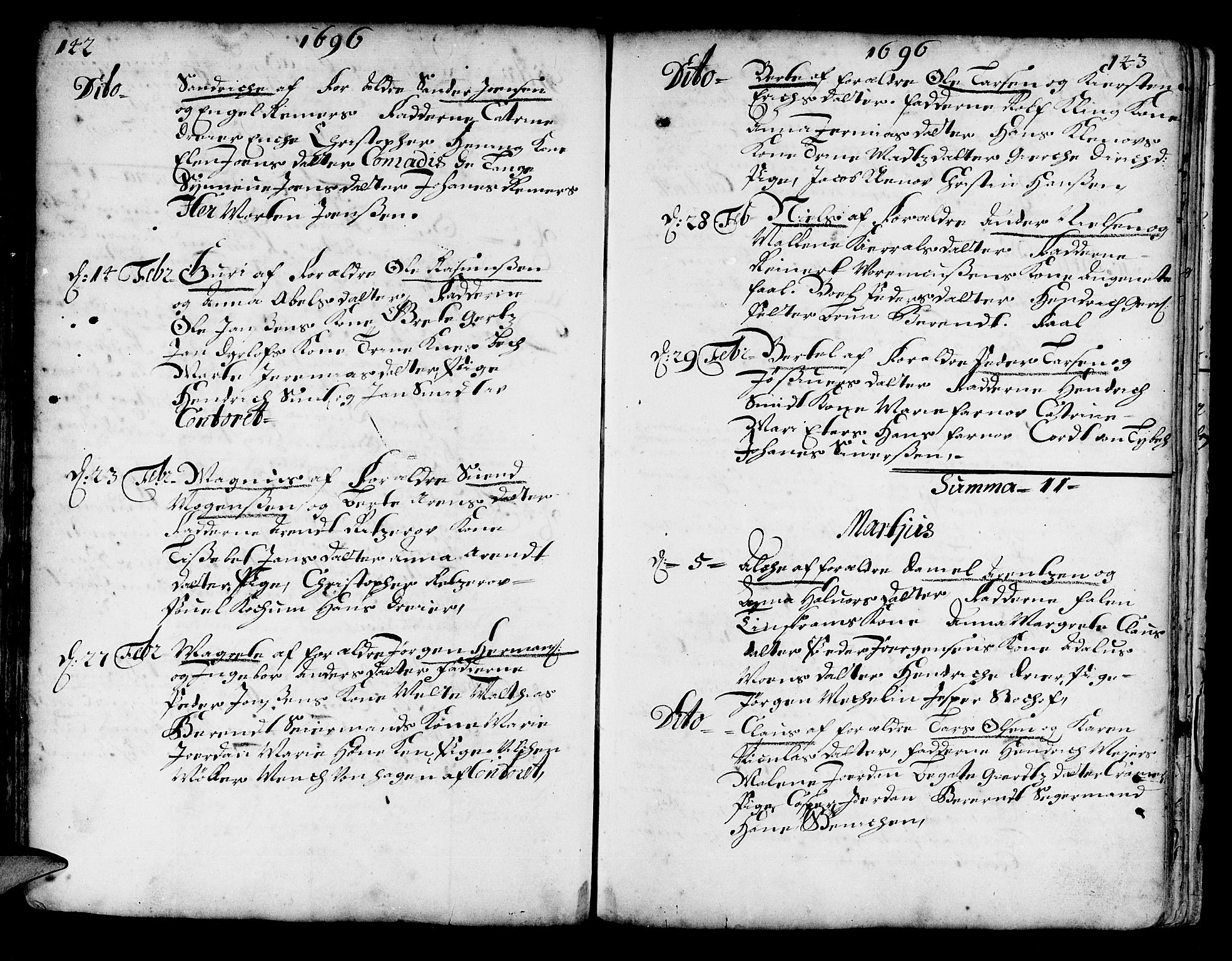 Korskirken sokneprestembete, SAB/A-76101/H/Haa/L0002: Parish register (official) no. A 2, 1688-1697, p. 142-143