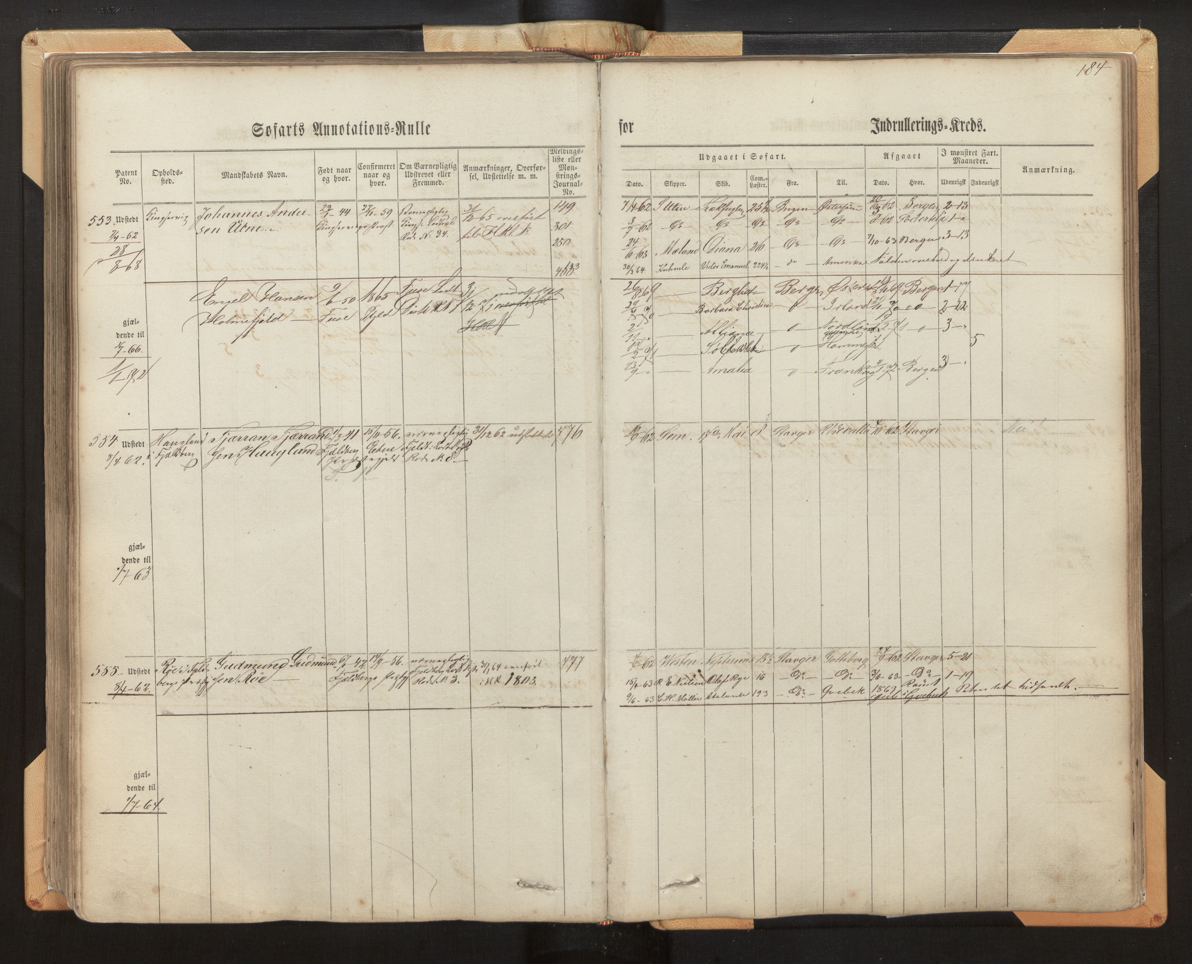 Innrulleringssjefen i Bergen, AV/SAB-A-100050/F/Fh/L0005: Sjøfarts- og annotasjonsrulle for Bergen krets, fol. 1 - 238, 1860-1867, p. 184