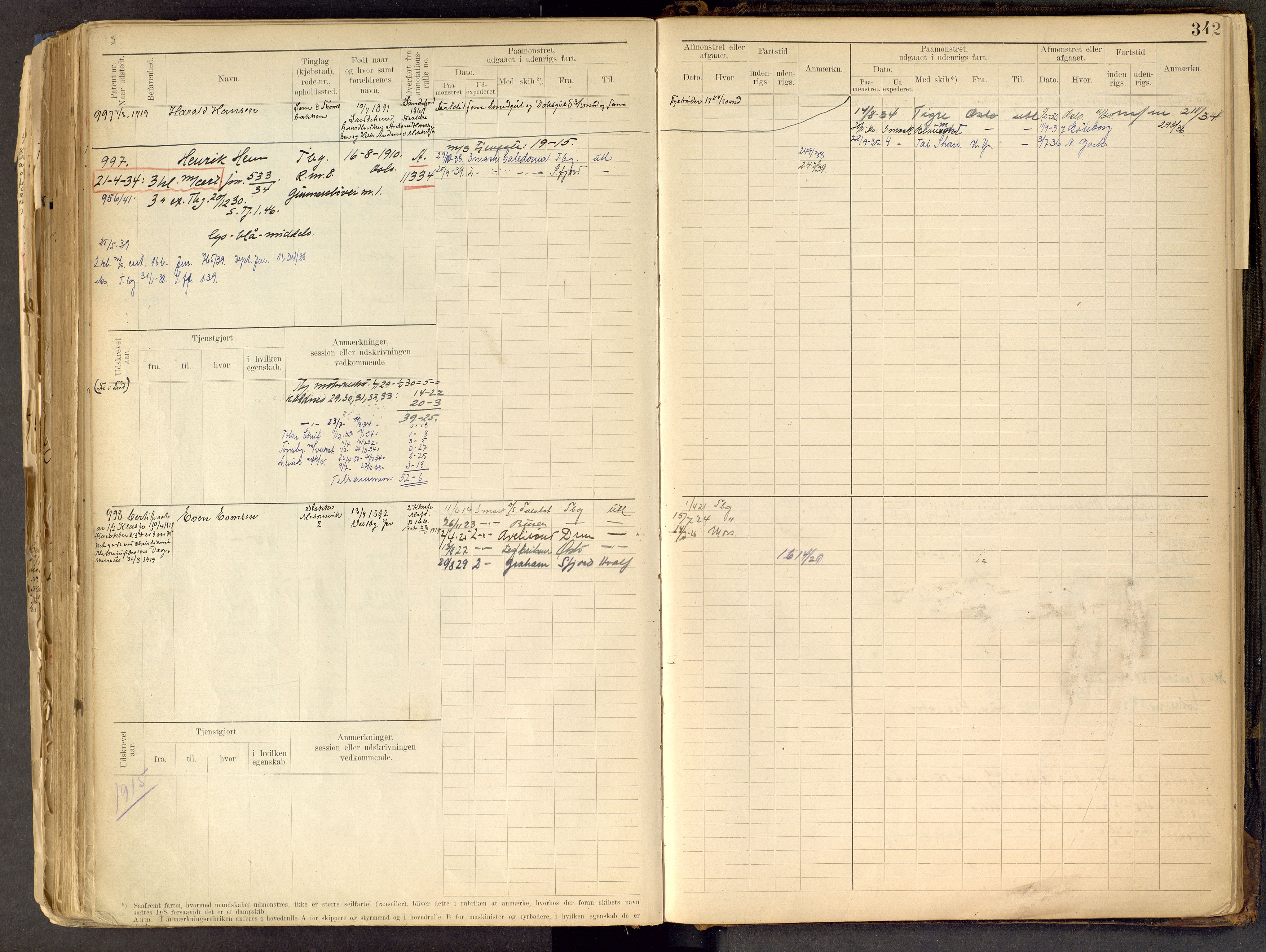 Tønsberg innrulleringskontor, AV/SAKO-A-786/F/Fe/L0002: Maskinist- og fyrbøterrulle Patent nr. 315-1110, 1902-1924, p. 342