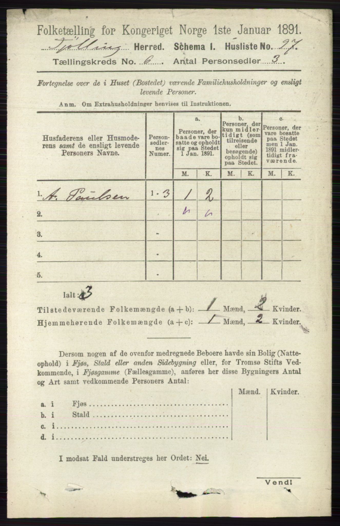 RA, 1891 census for 0725 Tjølling, 1891, p. 2898