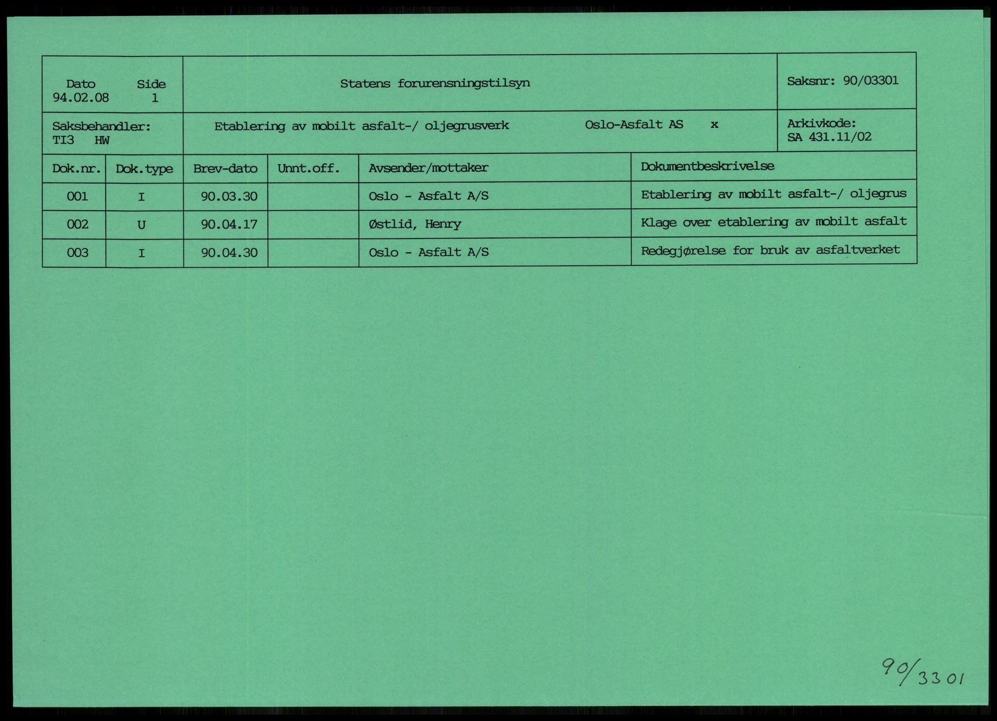 Statens forurensningstilsyn, hovedkontoret, AV/RA-S-4136/1/D/Da/L0493: Konsesjonssaker, 1985-1993, p. 206