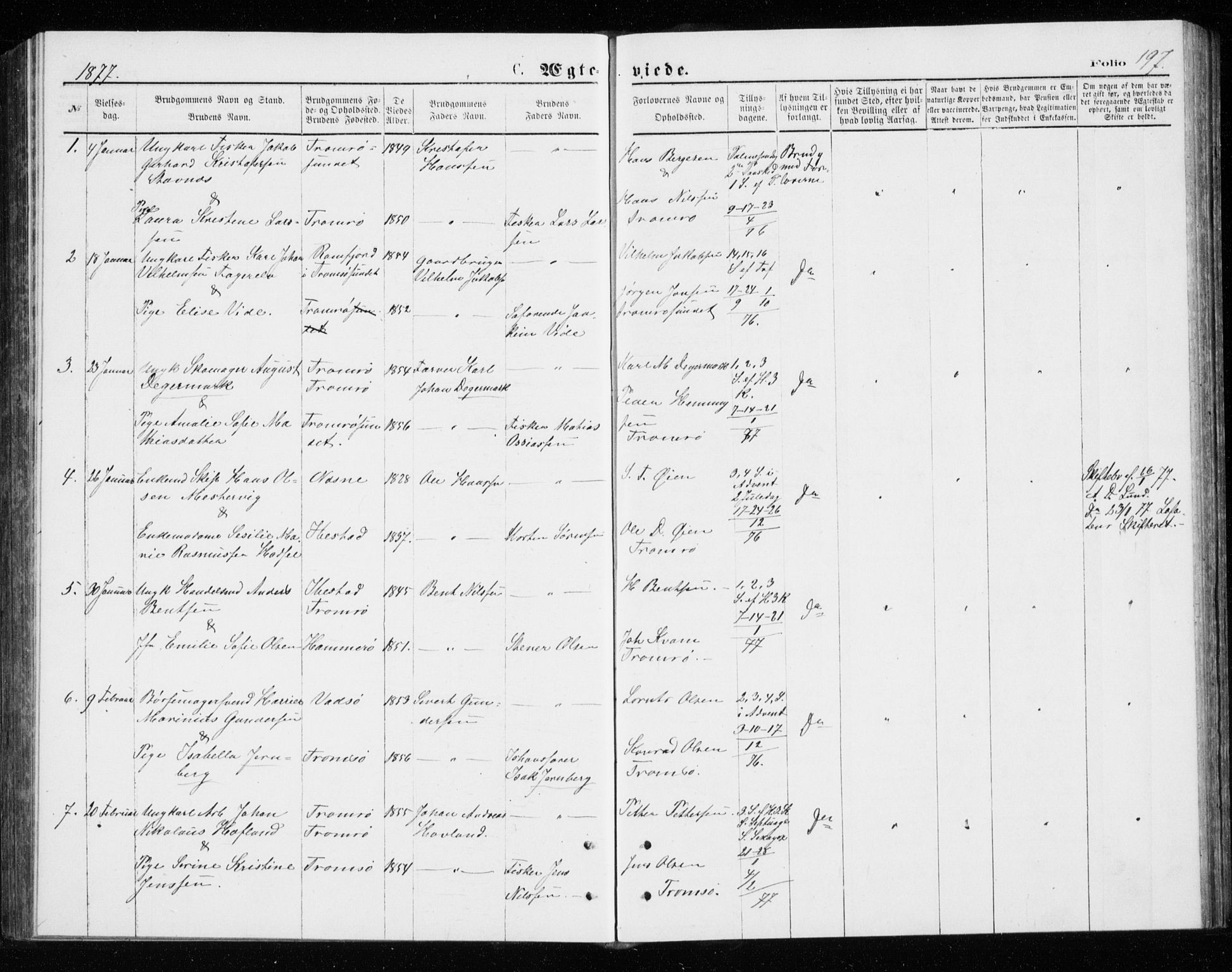 Tromsø sokneprestkontor/stiftsprosti/domprosti, SATØ/S-1343/G/Gb/L0008klokker: Parish register (copy) no. 8, 1875-1879, p. 197