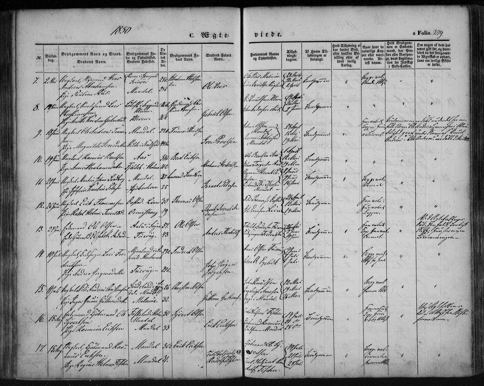 Mandal sokneprestkontor, SAK/1111-0030/F/Fa/Faa/L0013: Parish register (official) no. A 13, 1847-1859, p. 279