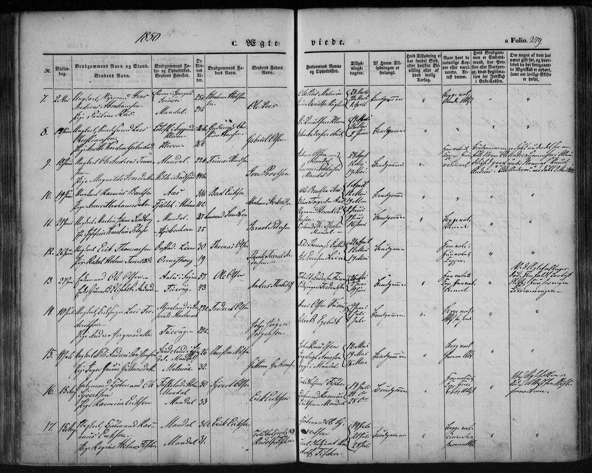 Mandal sokneprestkontor, AV/SAK-1111-0030/F/Fa/Faa/L0013: Parish register (official) no. A 13, 1847-1859, p. 279