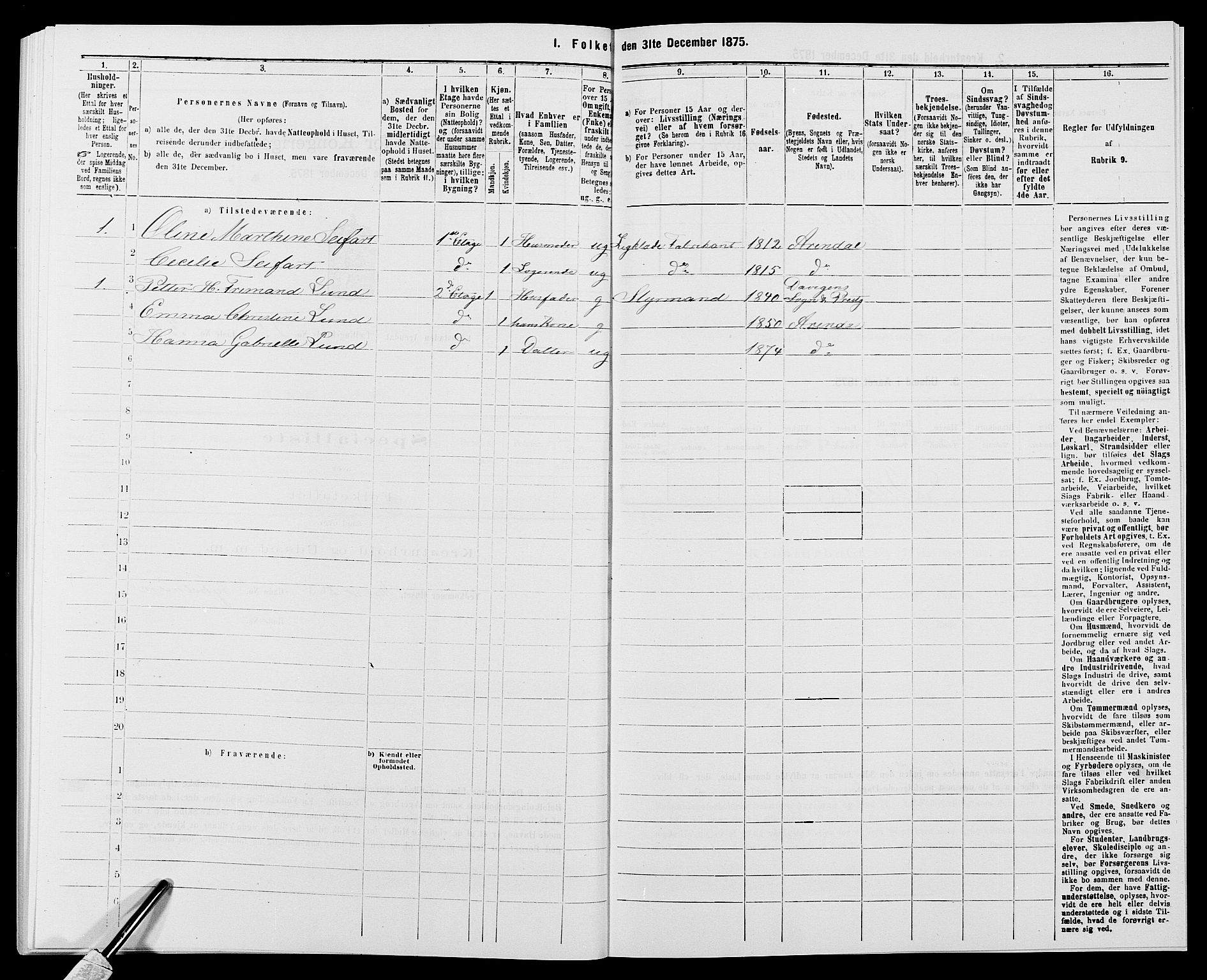 SAK, 1875 census for 0903P Arendal, 1875, p. 802