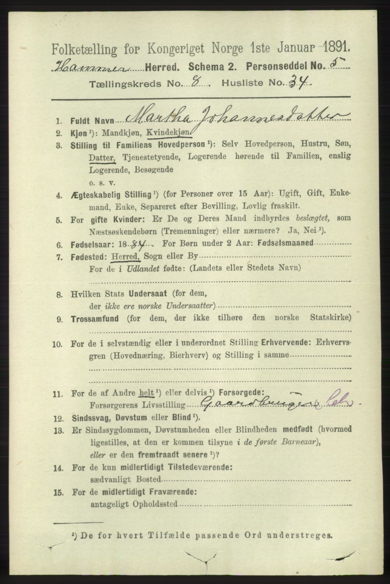 RA, 1891 census for 1254 Hamre, 1891, p. 2214