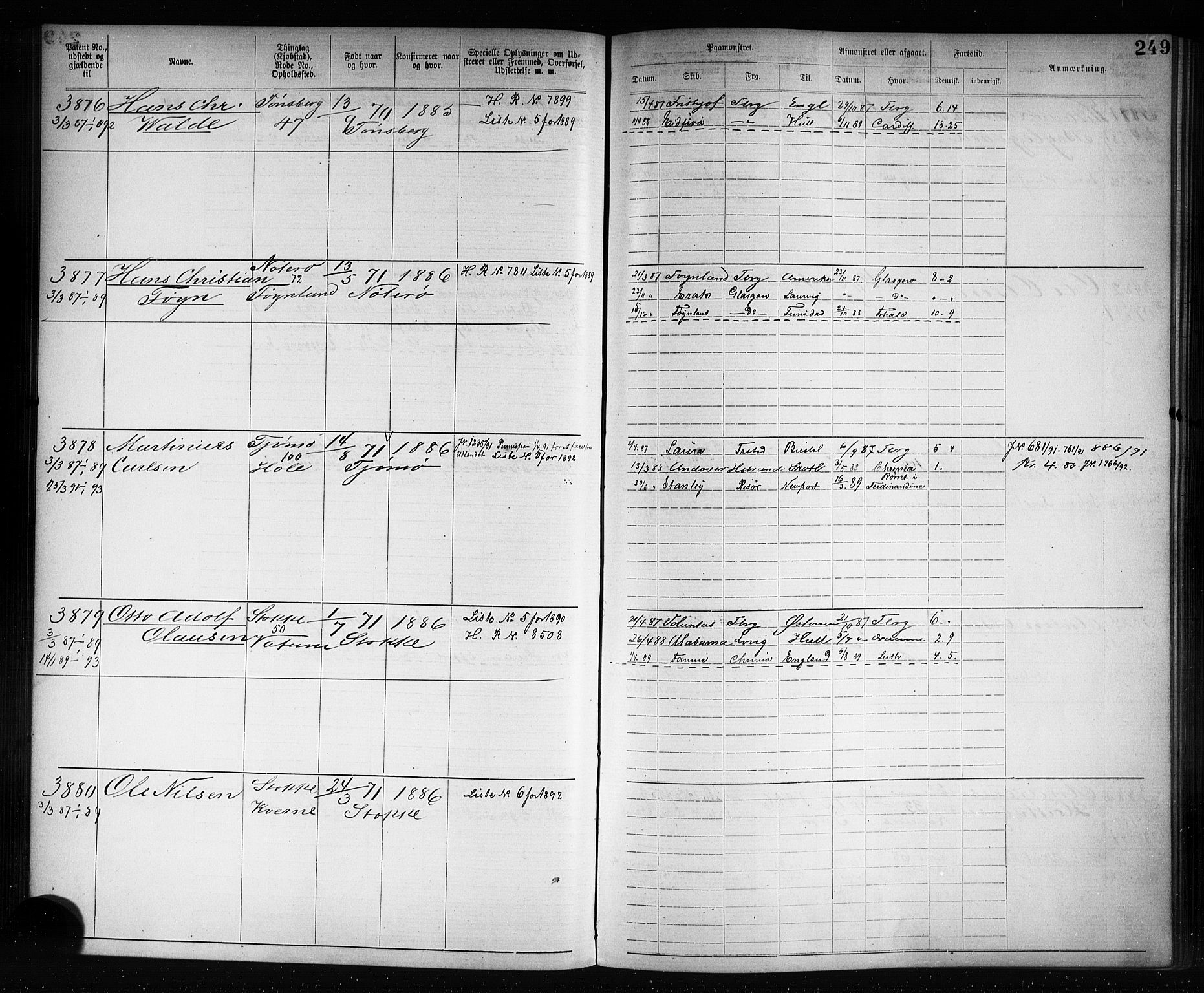 Tønsberg innrulleringskontor, AV/SAKO-A-786/F/Fb/L0007: Annotasjonsrulle Patent nr. 2636-5150, 1881-1892, p. 250