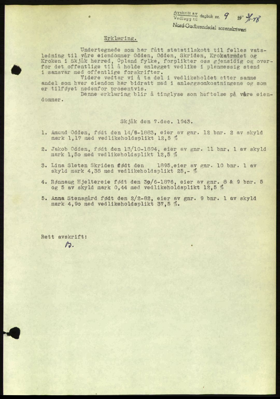 Nord-Gudbrandsdal tingrett, AV/SAH-TING-002/H/Hb/Hbb/L0019: Mortgage book no. FA19, 1948-1948, Diary no: : 9/1948