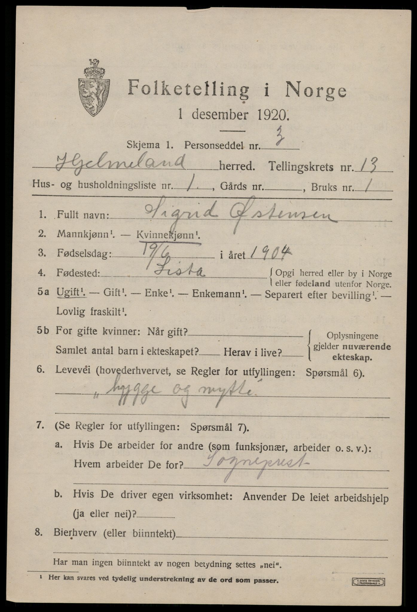 SAST, 1920 census for Hjelmeland, 1920, p. 4137