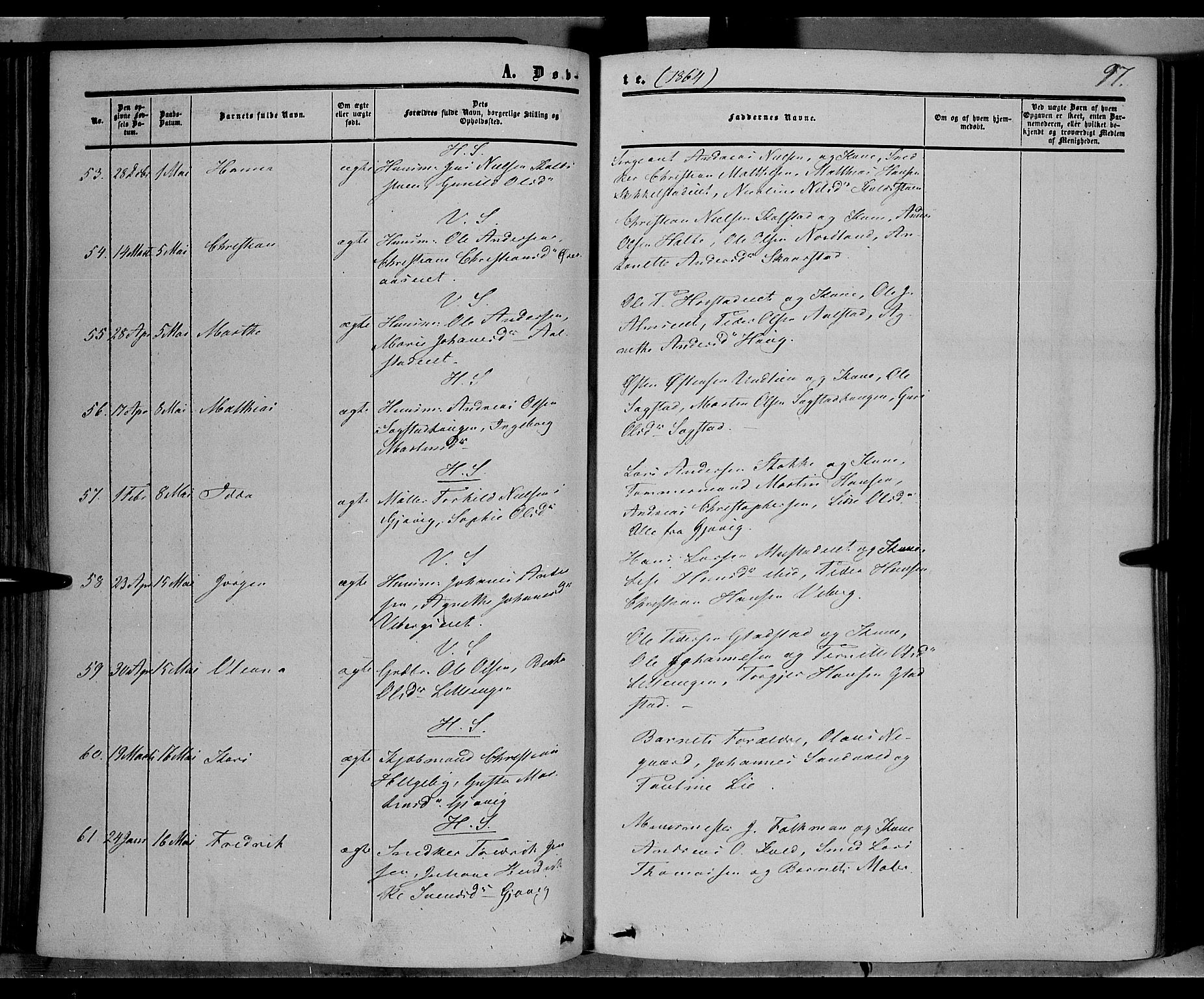 Vardal prestekontor, SAH/PREST-100/H/Ha/Haa/L0006: Parish register (official) no. 6, 1854-1866, p. 97