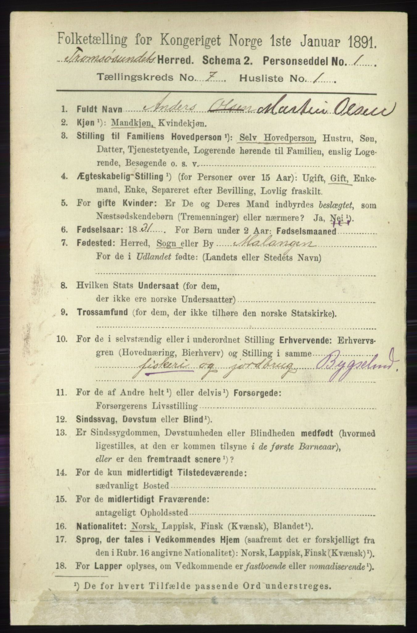 RA, 1891 census for 1934 Tromsøysund, 1891, p. 3720