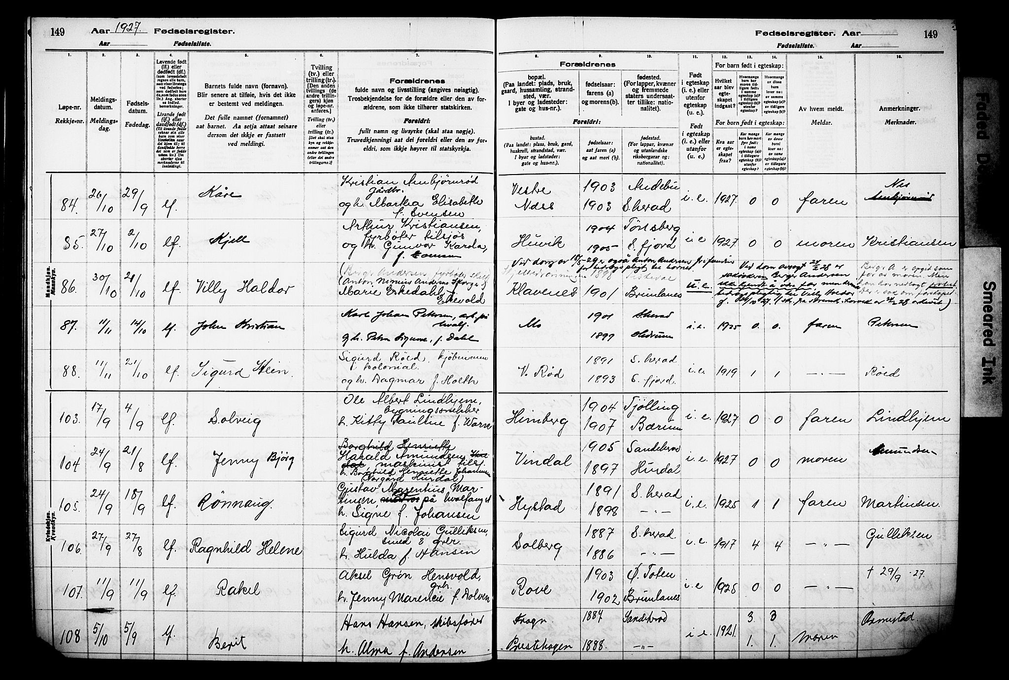 Sandar kirkebøker, AV/SAKO-A-243/J/Ja/L0002: Birth register no. 2, 1922-1929, p. 149