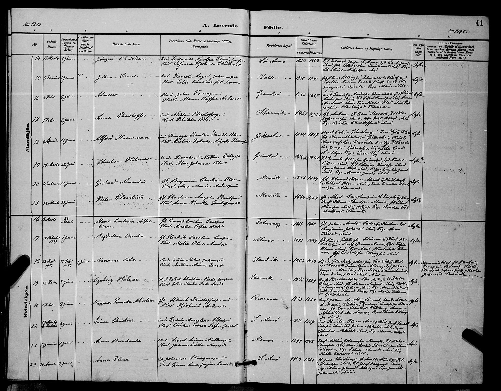 Ministerialprotokoller, klokkerbøker og fødselsregistre - Nordland, AV/SAT-A-1459/805/L0108: Parish register (copy) no. 805C04, 1885-1899, p. 41