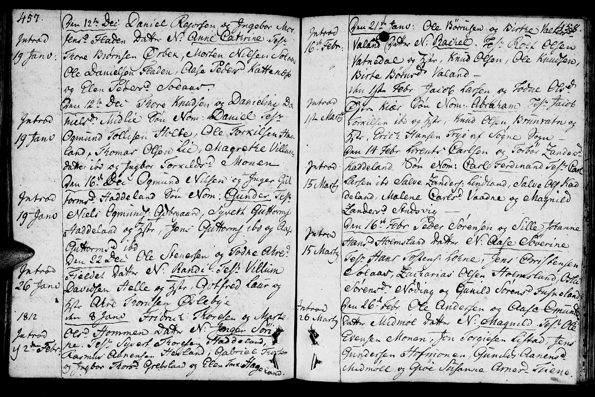 Holum sokneprestkontor, AV/SAK-1111-0022/F/Fa/Faa/L0003: Parish register (official) no. A 3, 1780-1821, p. 457-458