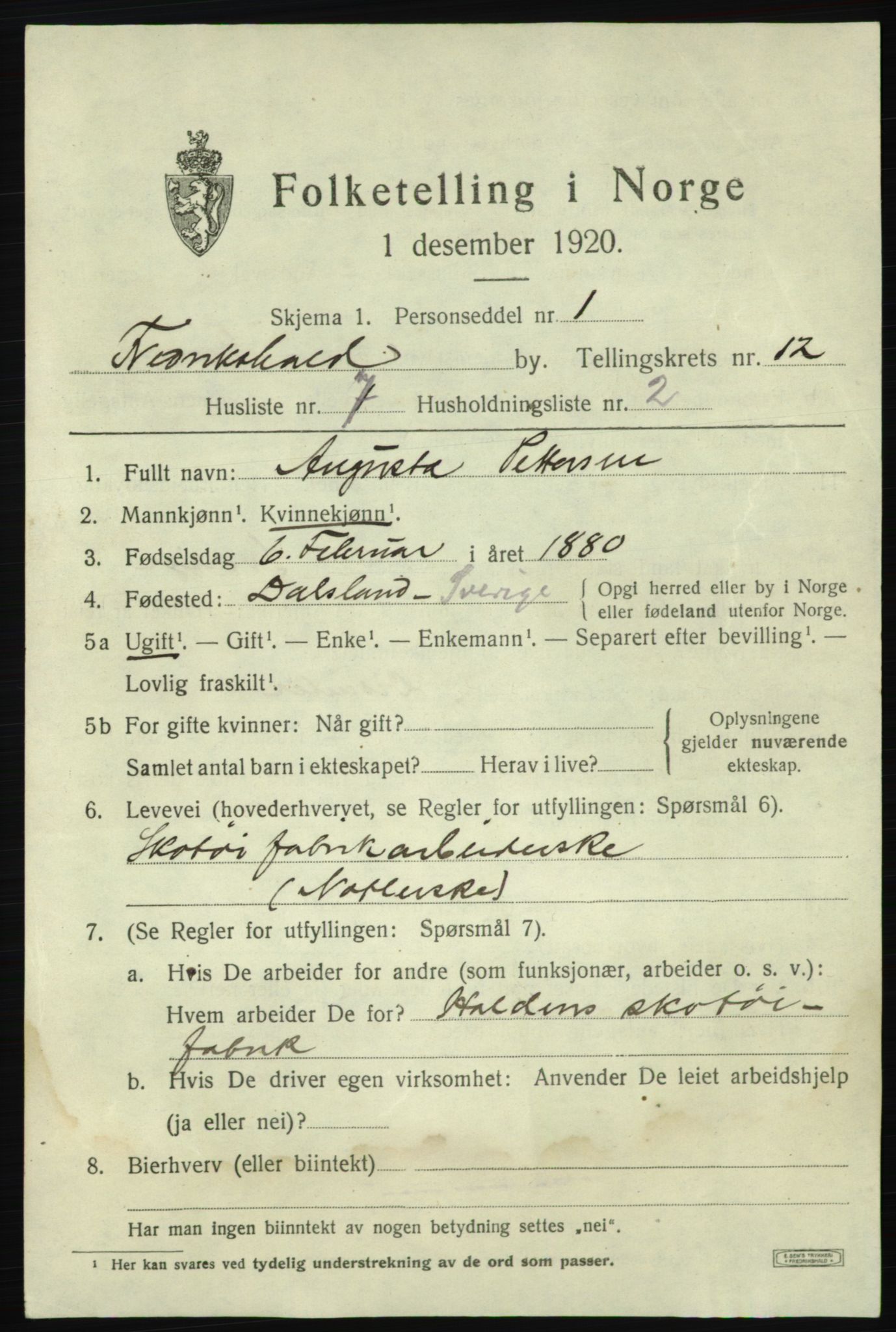 SAO, 1920 census for Fredrikshald, 1920, p. 20033