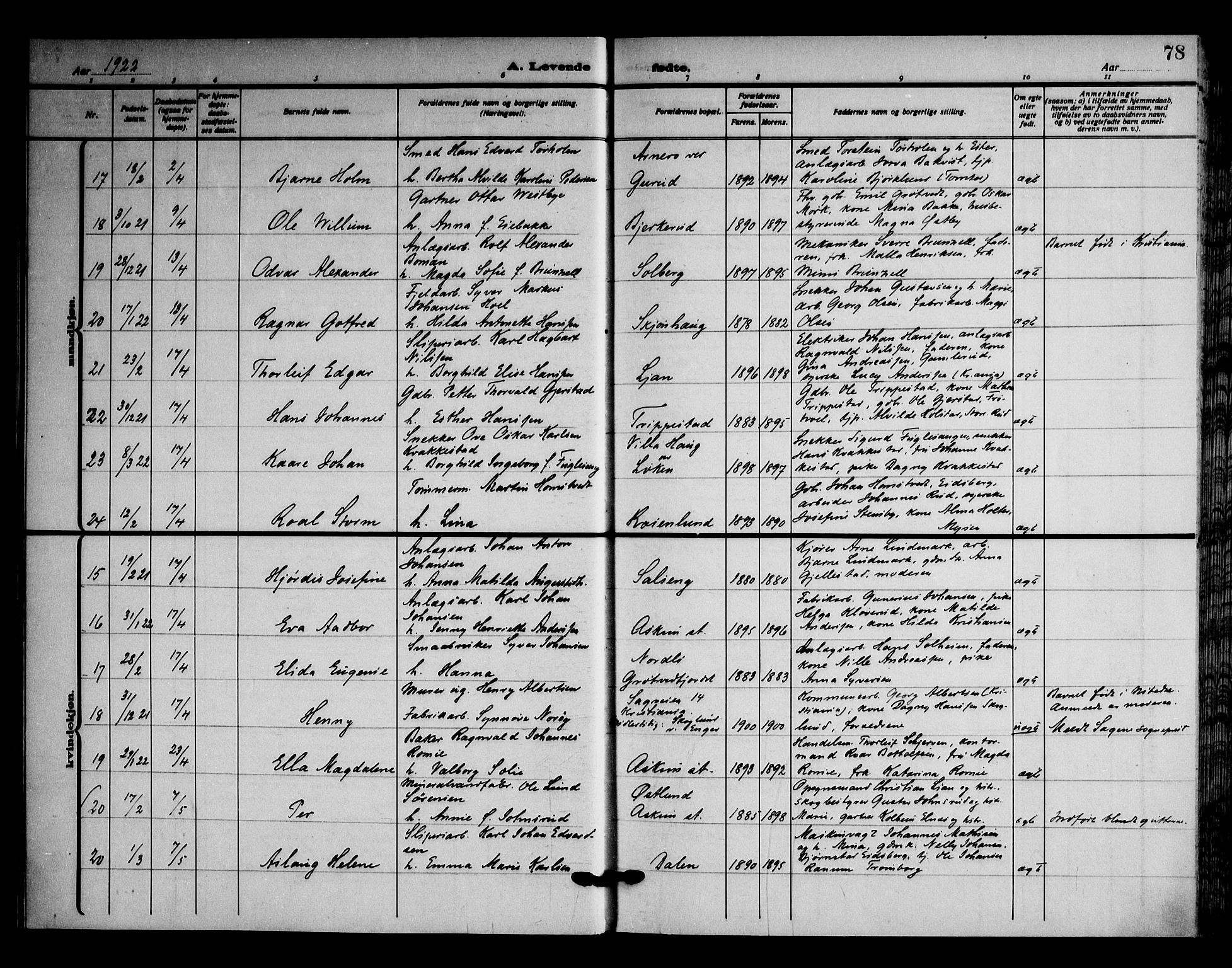 Askim prestekontor Kirkebøker, AV/SAO-A-10900/F/Fa/L0009: Parish register (official) no. 9, 1913-1923, p. 78