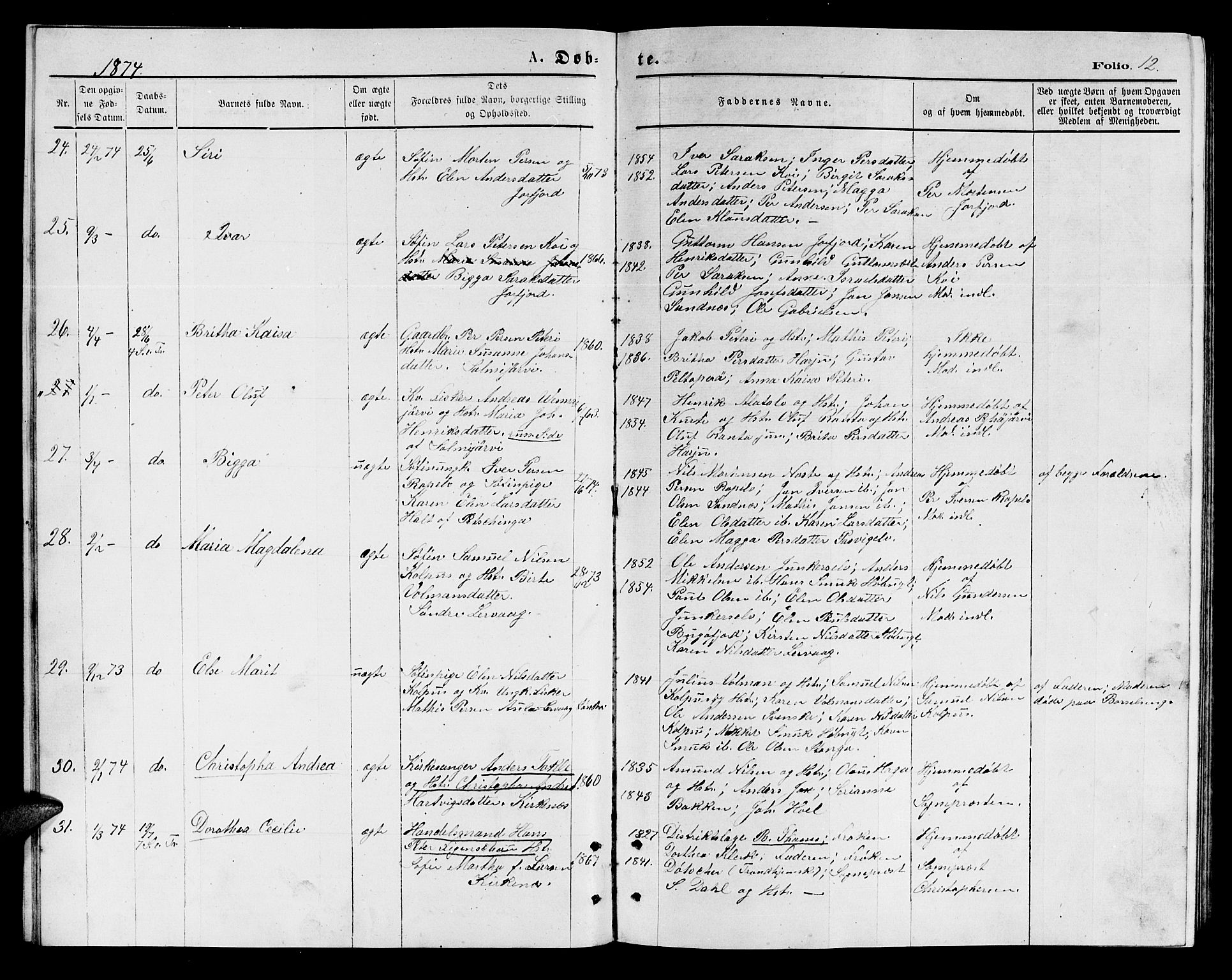 Sør-Varanger sokneprestkontor, AV/SATØ-S-1331/H/Hb/L0002klokker: Parish register (copy) no. 2, 1873-1877, p. 12