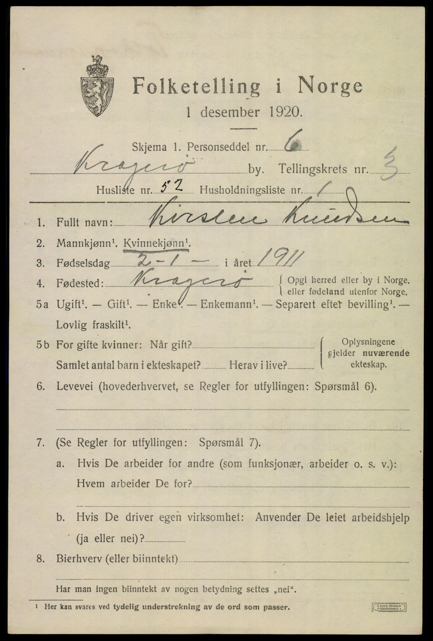 SAKO, 1920 census for Kragerø, 1920, p. 7665