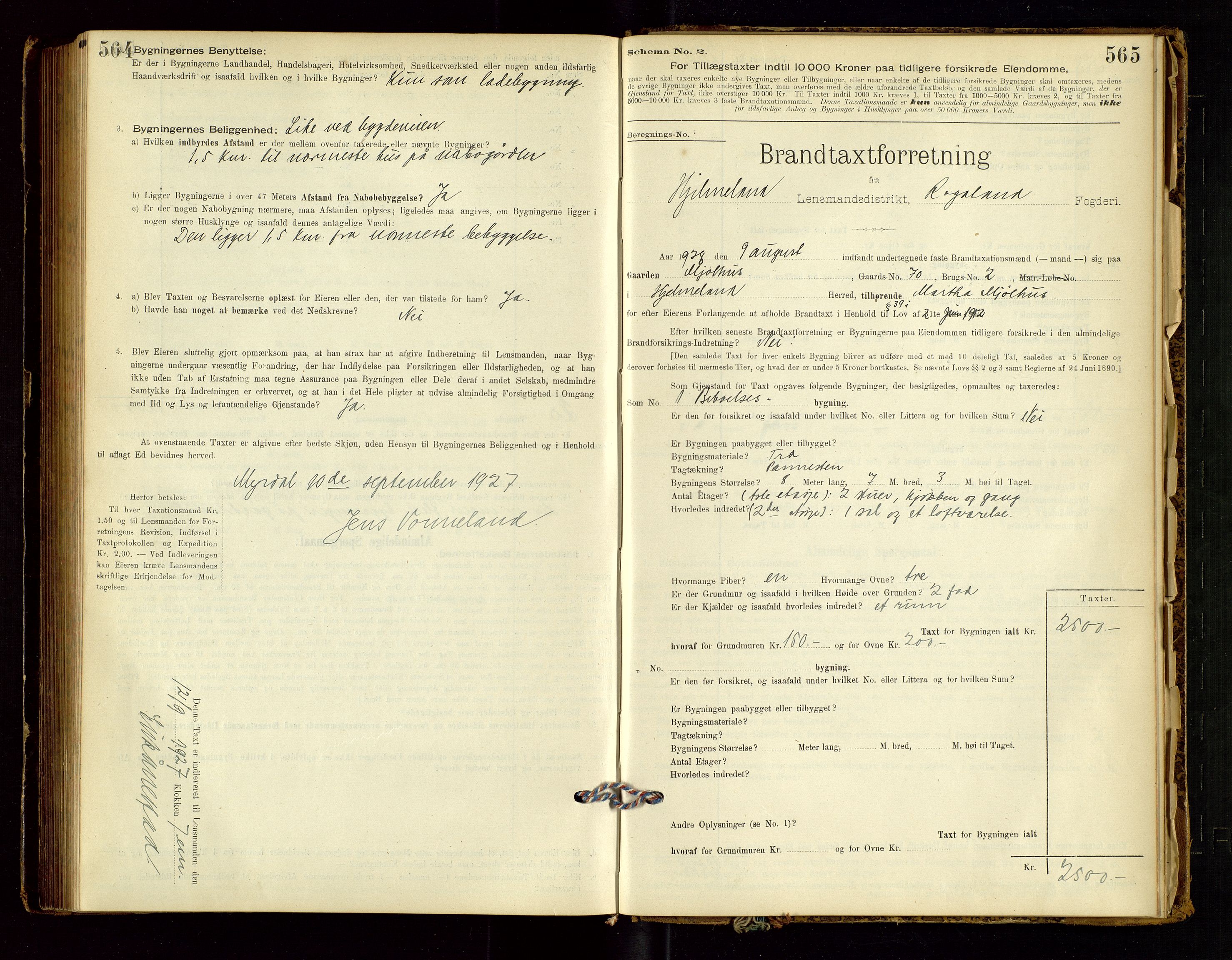 Hjelmeland lensmannskontor, SAST/A-100439/Gob/L0001: "Brandtaxationsprotokol", 1895-1932, p. 564-565